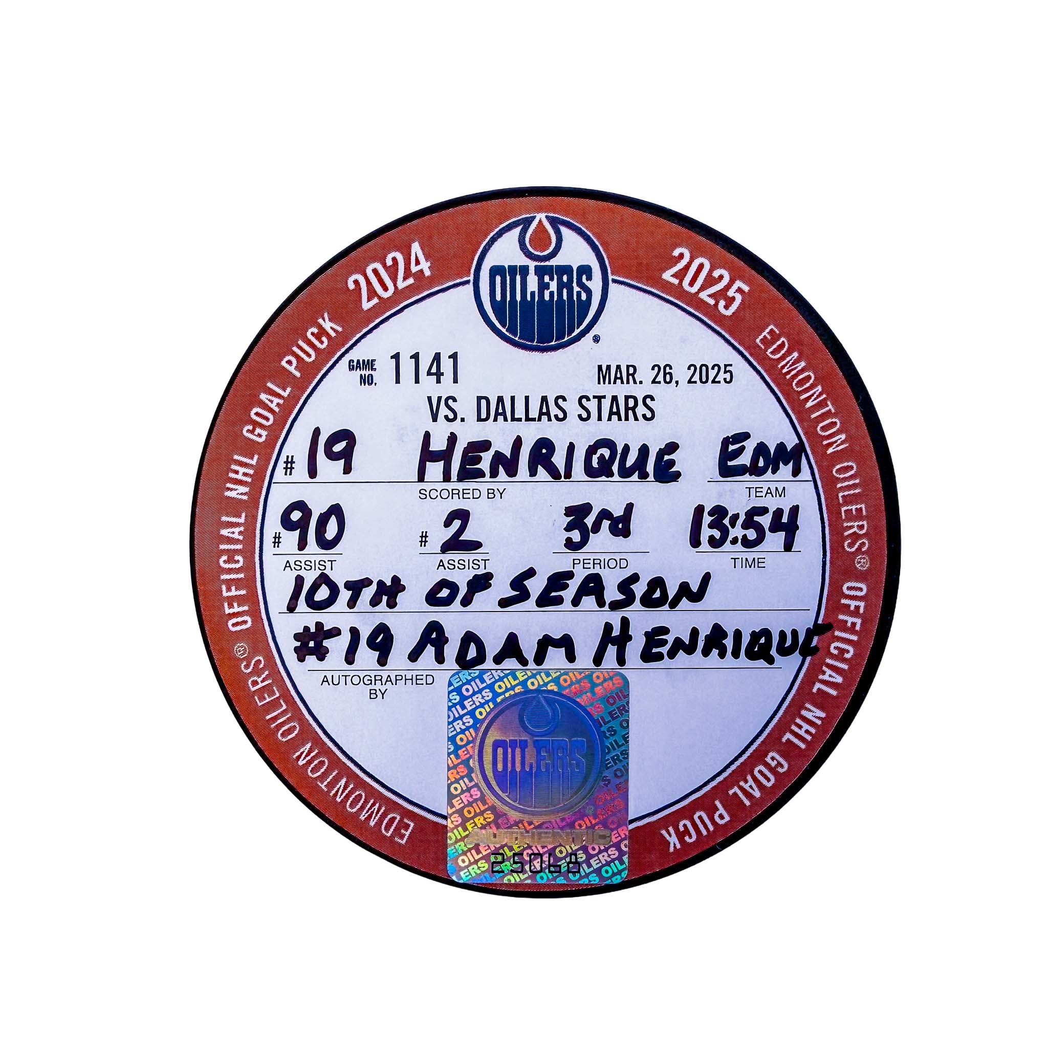Adam Henrique Edmonton Oilers Autographed Goal Puck - Mar. 26/2025 vs Dallas Stars #25068 - Image 2