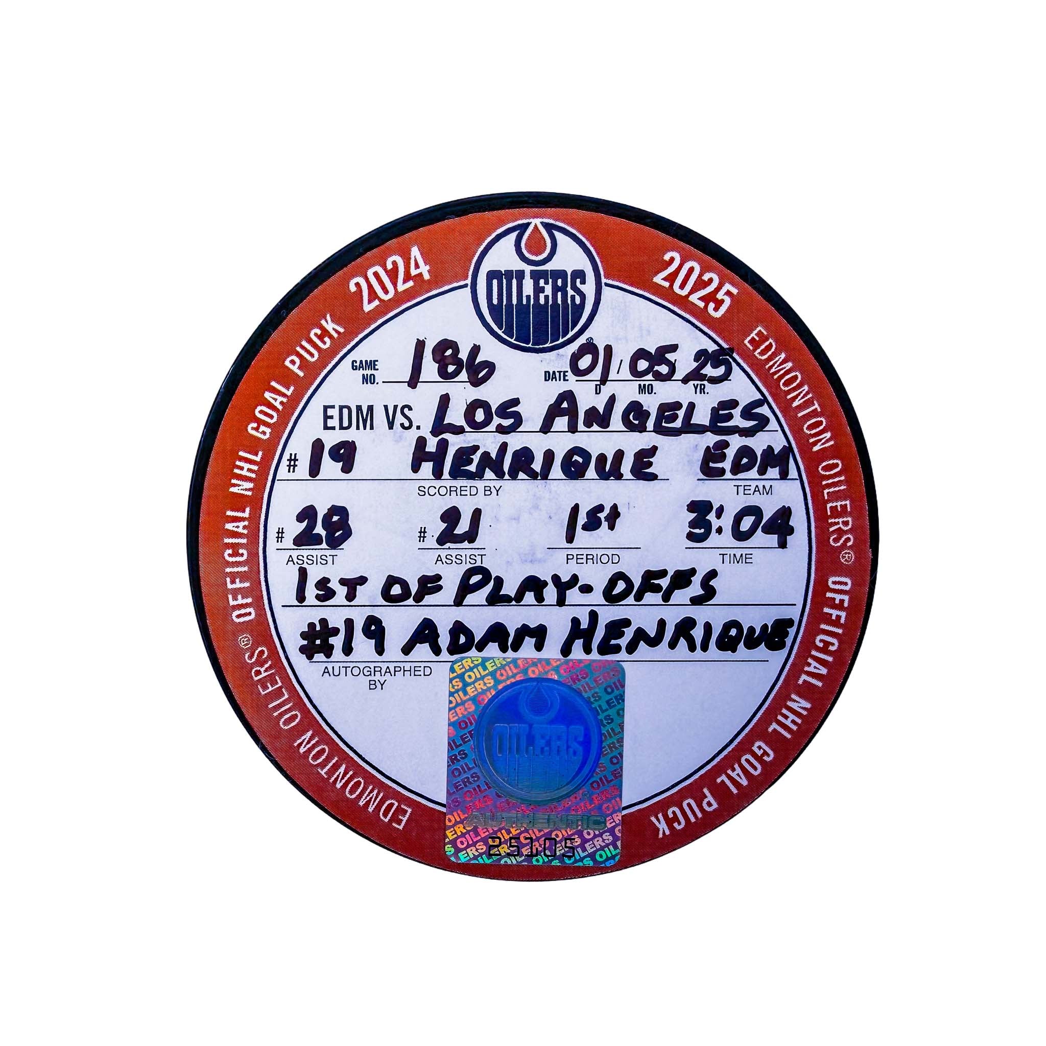 Adam Henrique Edmonton Oilers Autographed Playoff Goal Puck - May. 1/2025 vs Los Angeles Kings #25105 - Image 2
