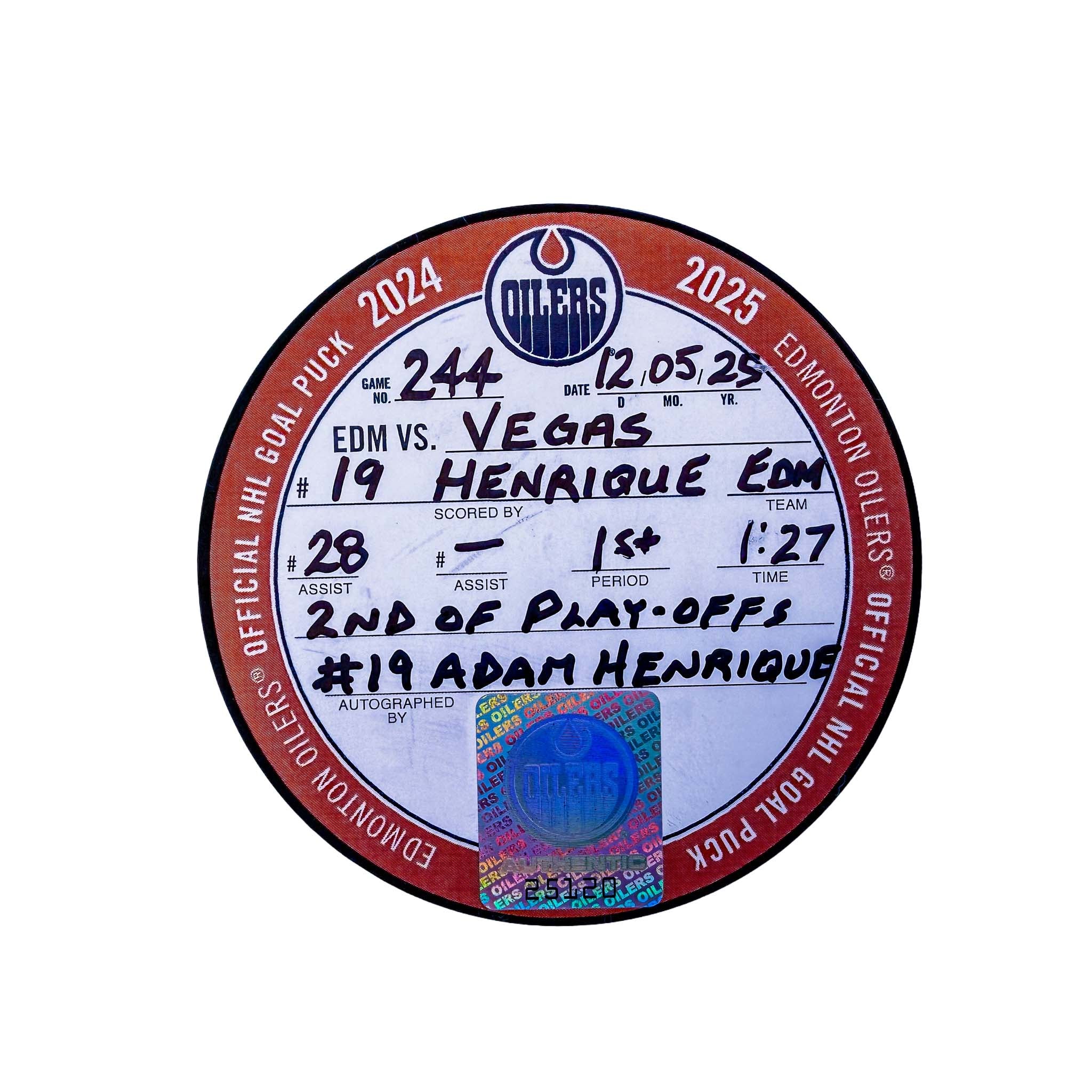 Adam Henrique Edmonton Oilers Autographed Playoff Goal Puck - May. 12/2025 vs Vegas Golden Knights #25120 - Image 2