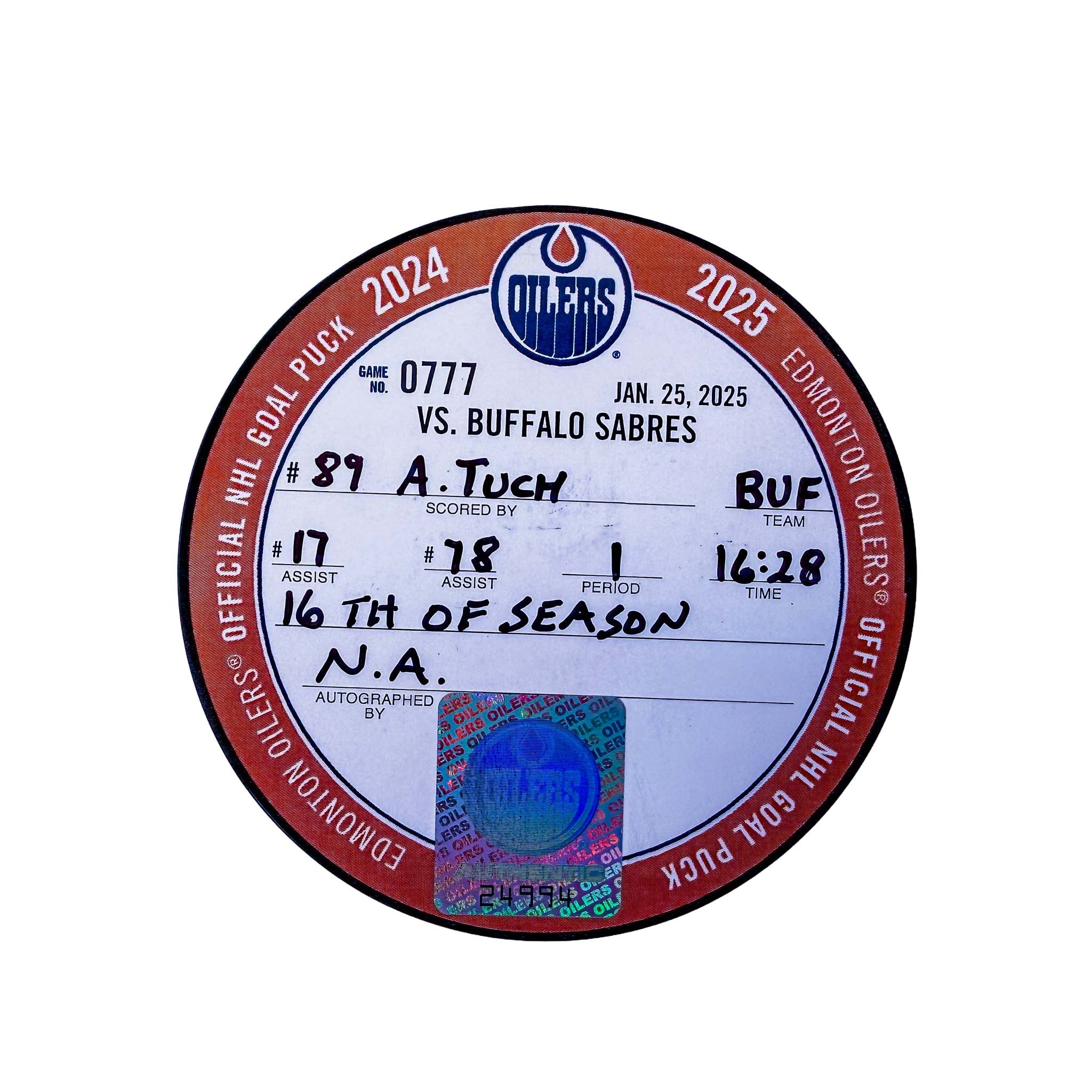 Alex Tuch Buffalo Sabres Goal Puck - Jan. 25/2025 vs Edmonton Oilers #24994 - Image 2