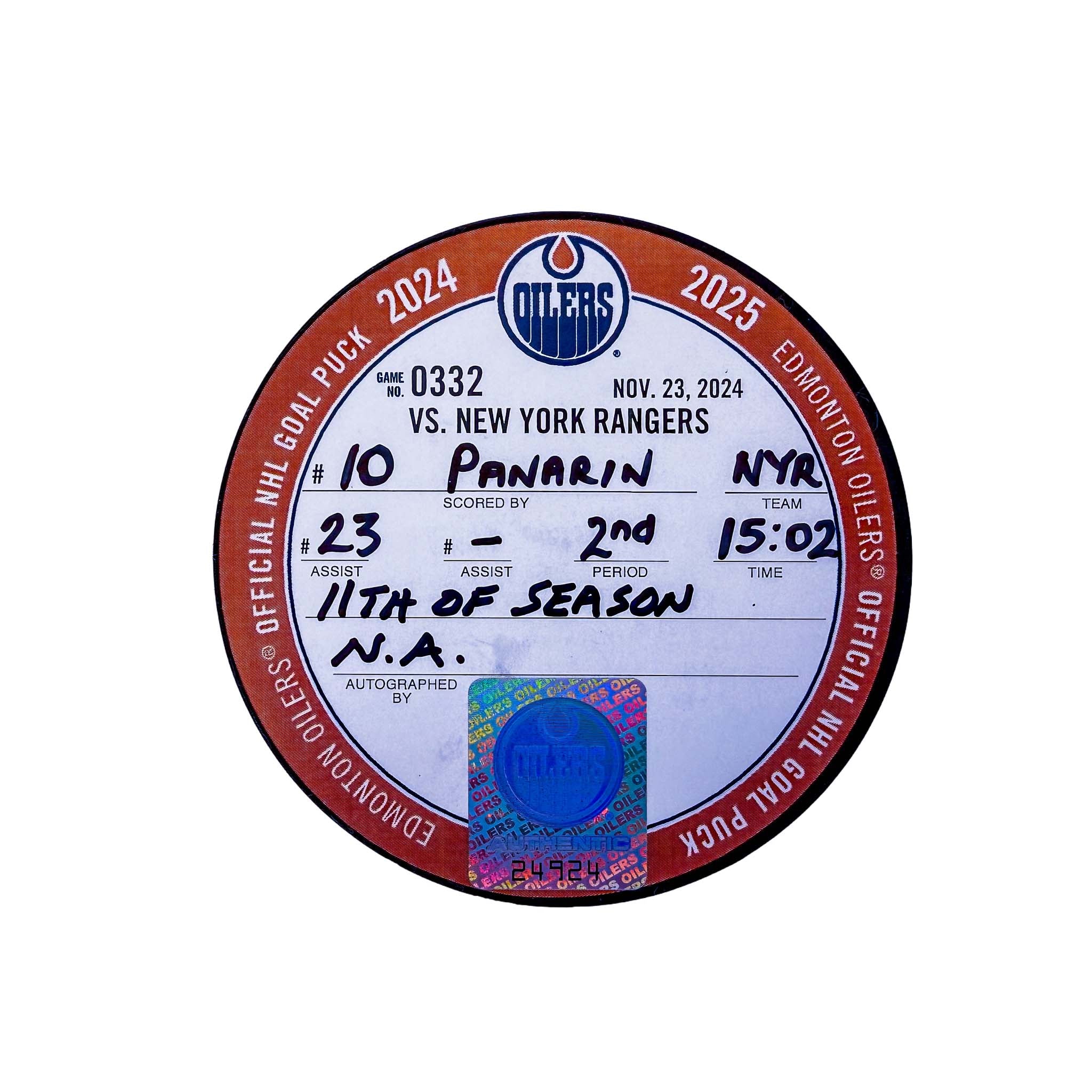 Artemi Panarin New York Rangers Goal Puck - Nov. 23/2024 vs Edmonton Oilers #24924 - Image 2