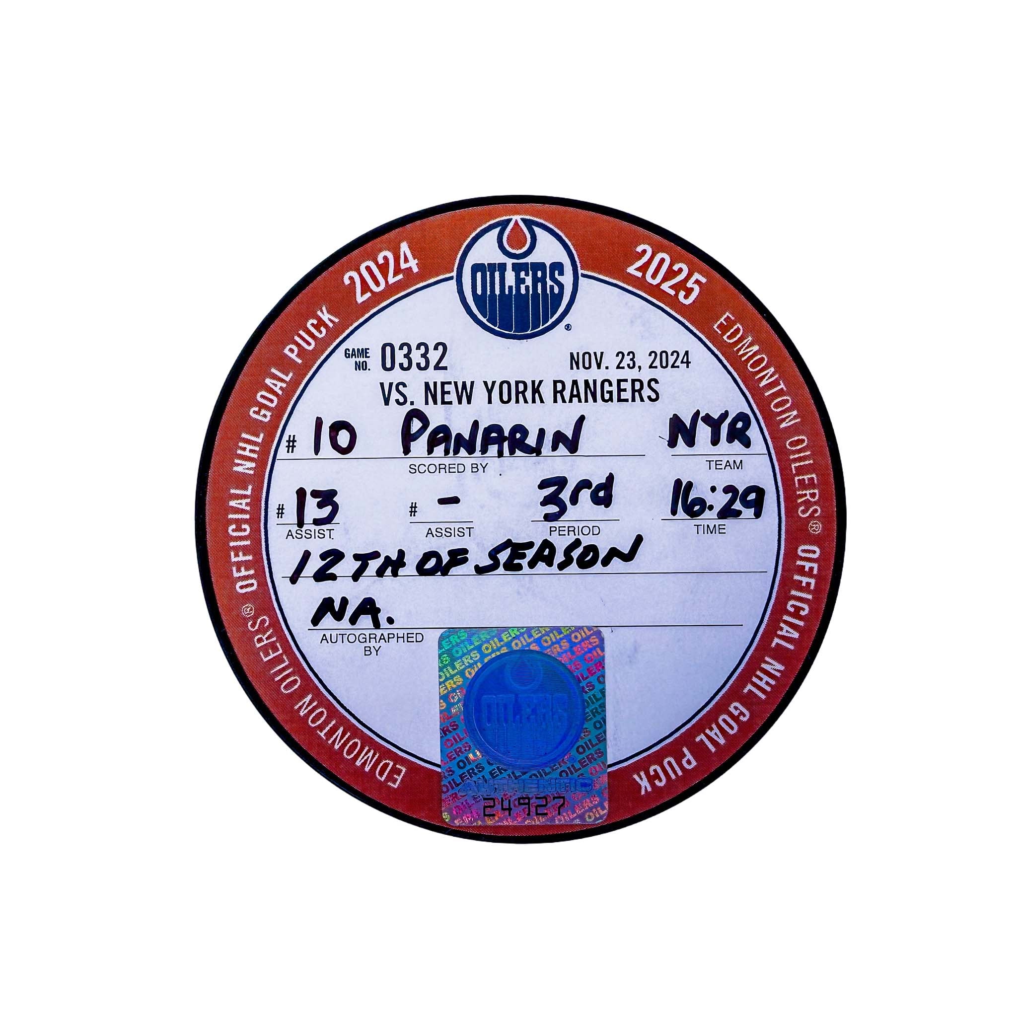 Artemi Panarin New York Rangers Goal Puck - Nov. 23/2024 vs Edmonton Oilers #24927 - Image 2