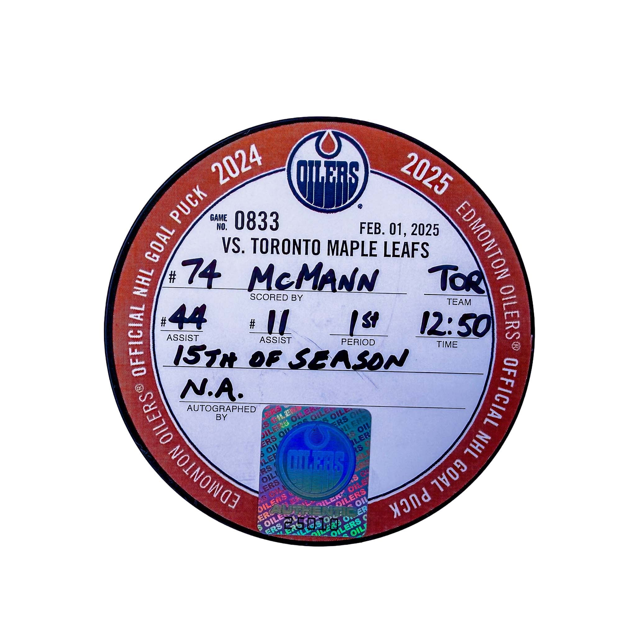 Bobby McMann Toronto Maple Leafs Goal Puck - Feb. 1/2025 vs Edmonton Oilers #25010 - Image 2