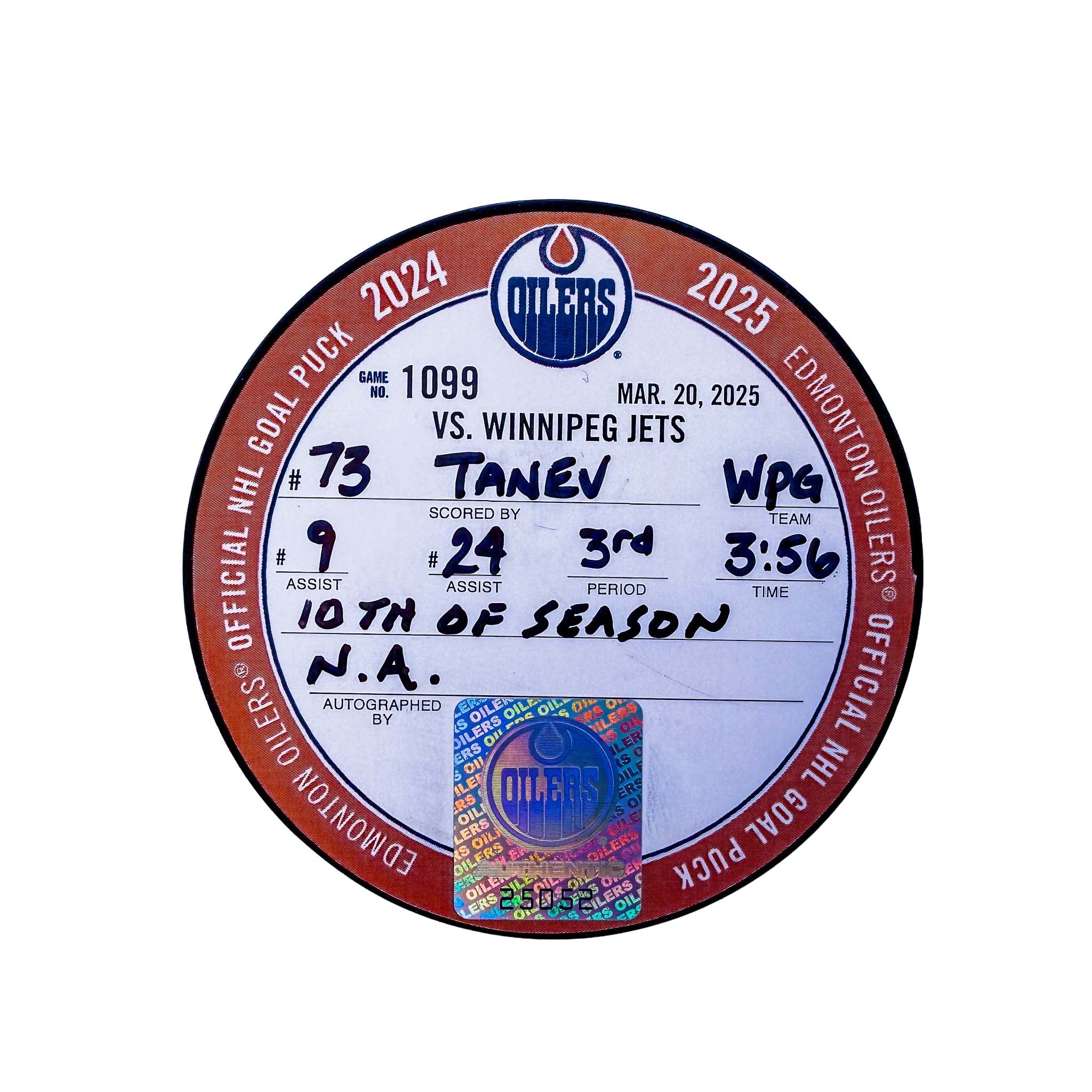 Brandon Tanev Winnipeg Jets Goal Puck - Mar. 20/2025 vs Edmonton Oilers #25052 - Image 2