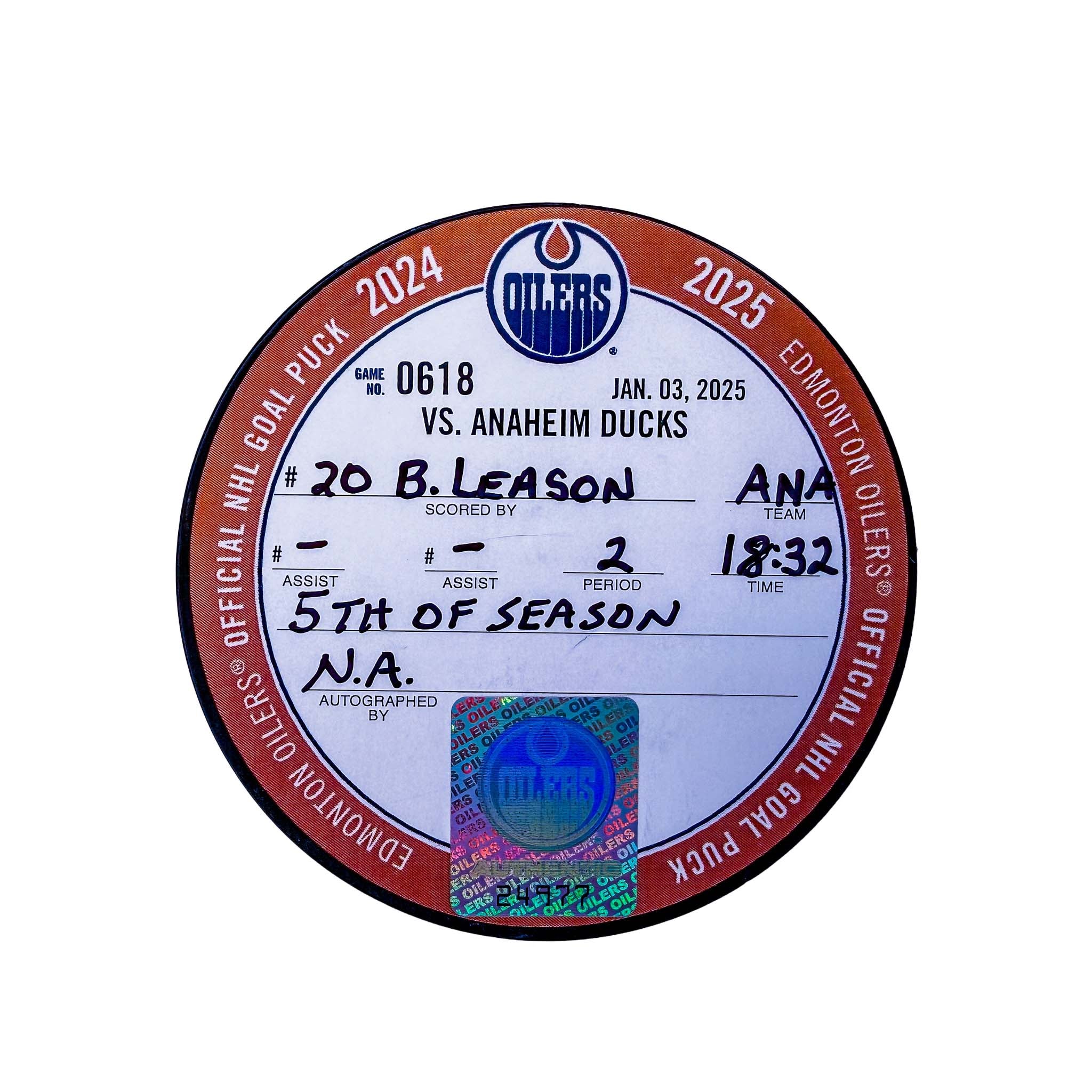 Brett Leason Anaheim Ducks Goal Puck - Jan. 3/2025 vs Edmonton Oilers #24977 - Image 2