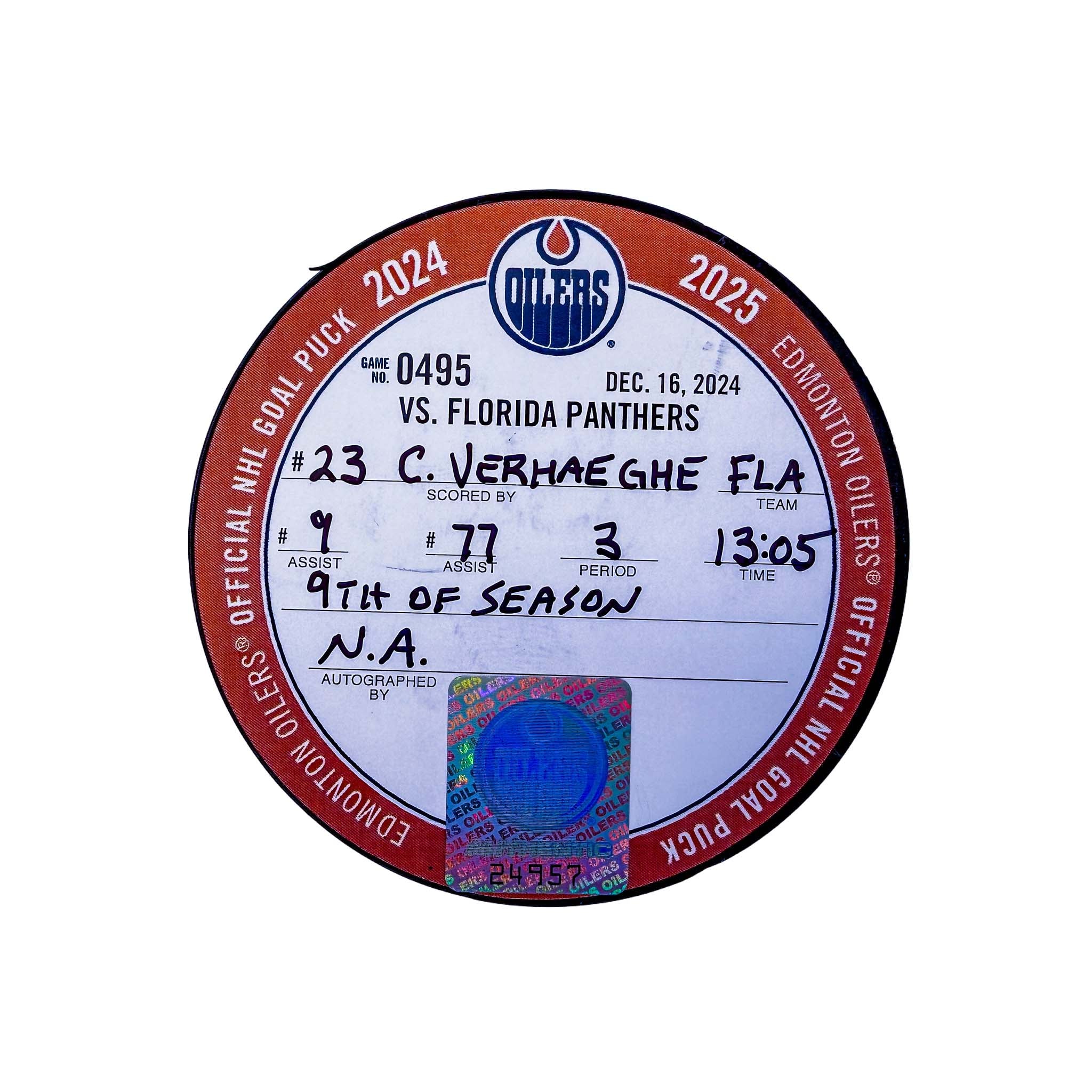 Carter Verhaeghe Florida Panthers Goal Puck - Dec. 16/2024 vs Edmonton Oilers #24957 - Image 2