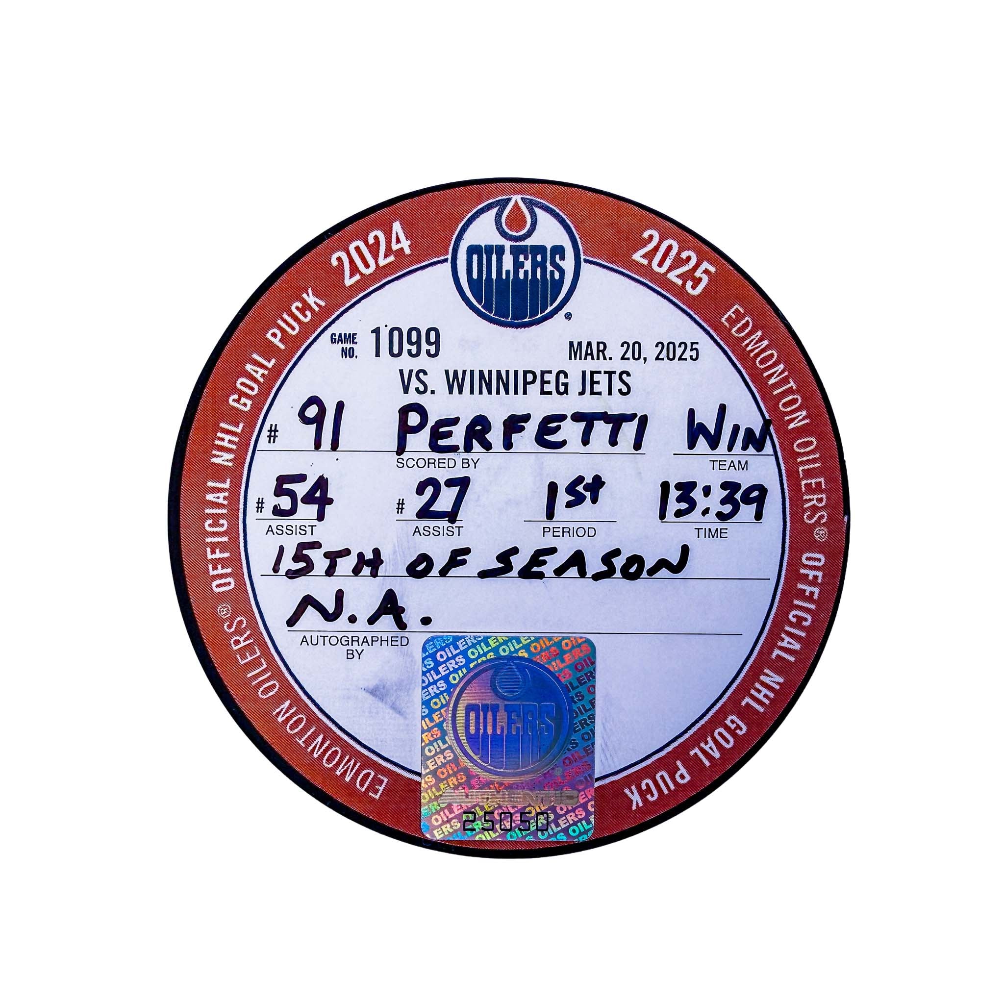 Cole Perfetti Winnipeg Jets Goal Puck - Mar. 20/2025 vs Edmonton Oilers #25050 - Image 2