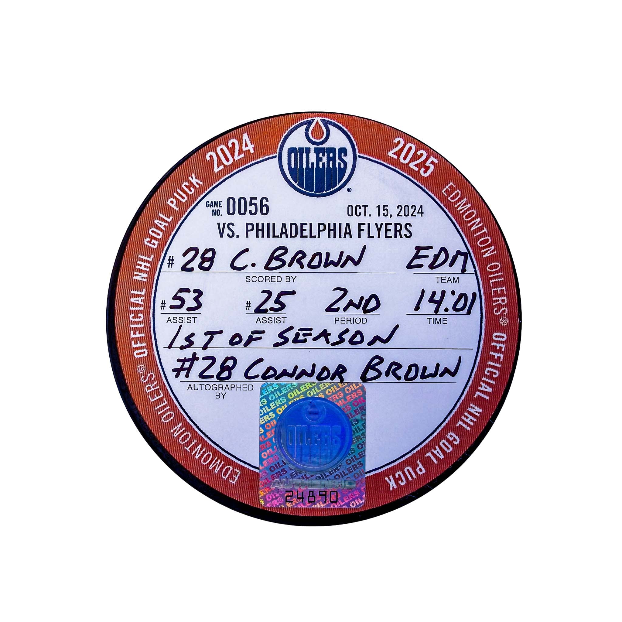Connor Brown Edmonton Oilers Autographed Goal Puck - Oct. 15/2024 vs Philadelphia Flyers #24890 - Image 2