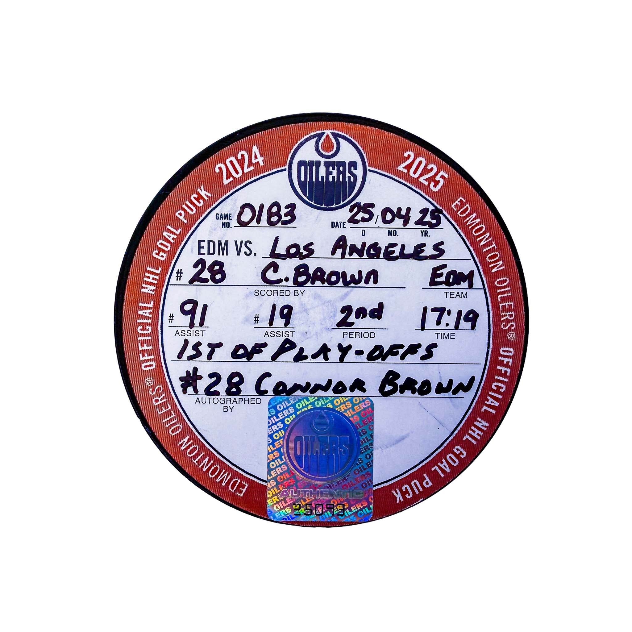 Connor Brown Edmonton Oilers Autographed Playoff Goal Puck - Apr. 25/2025 vs Los Angeles Kings #25093 - Image 2