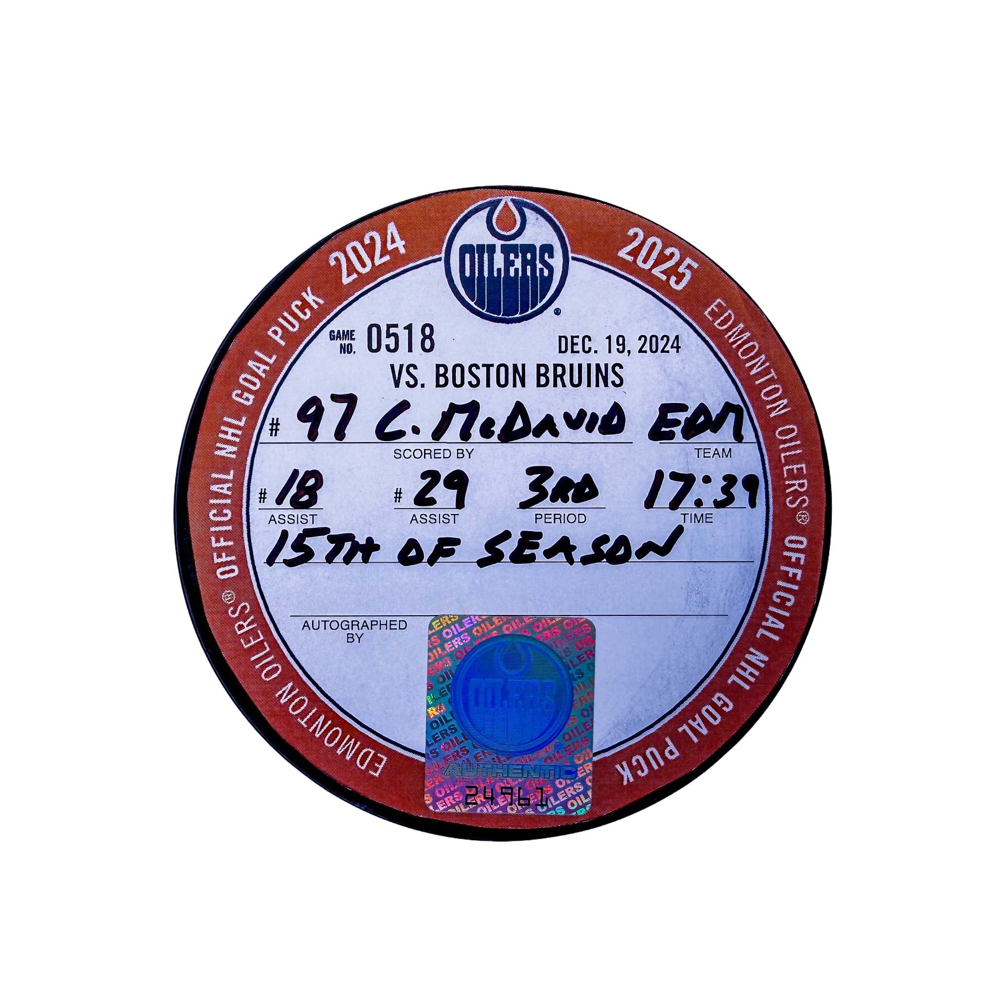 Connor McDavid Edmonton Oilers Goal Puck - Dec. 19/2024 vs Boston Bruins #24961 - Image 2