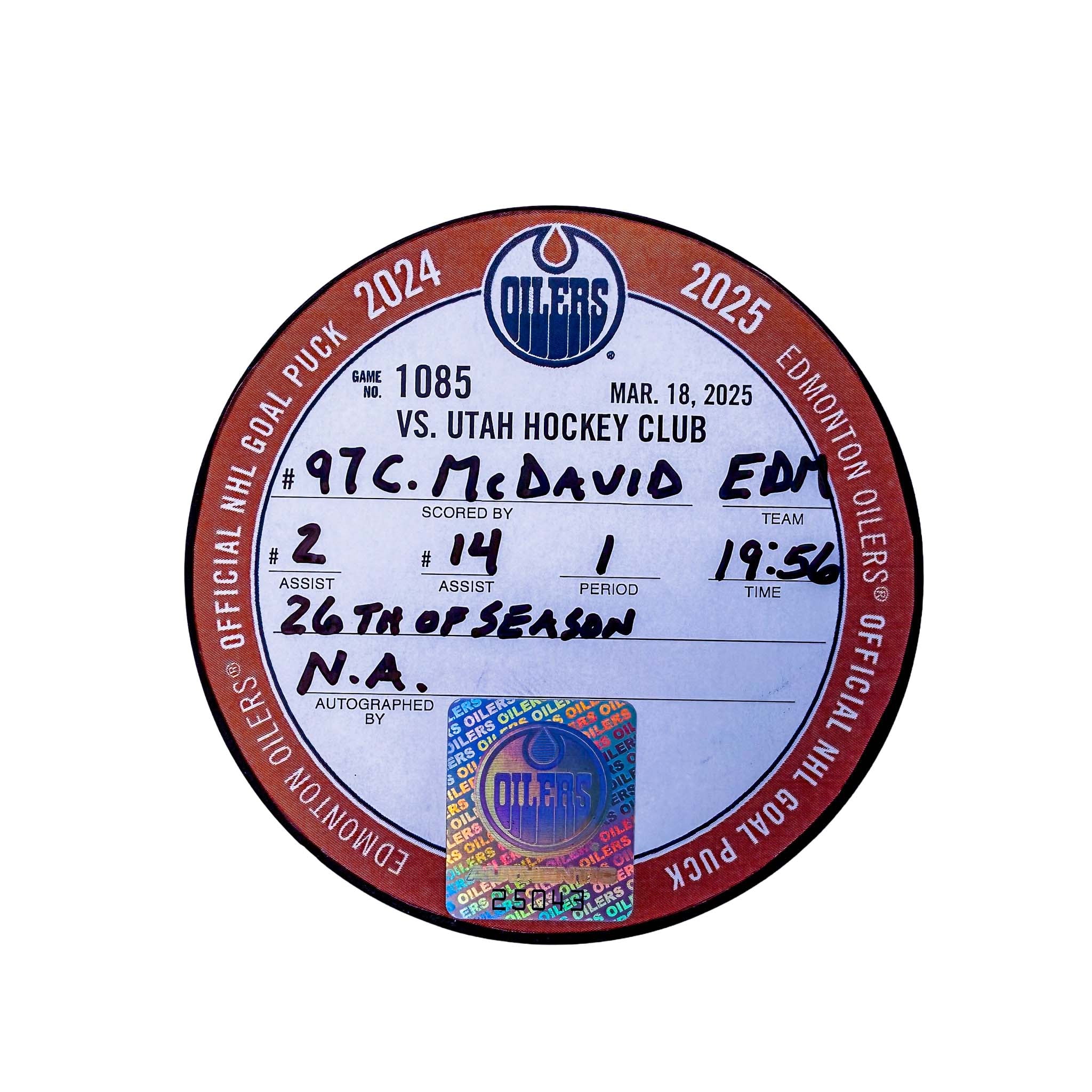 Connor McDavid Edmonton Oilers Goal Puck - Mar. 18/2025 vs Utah Mammoth #25043 - Image 2