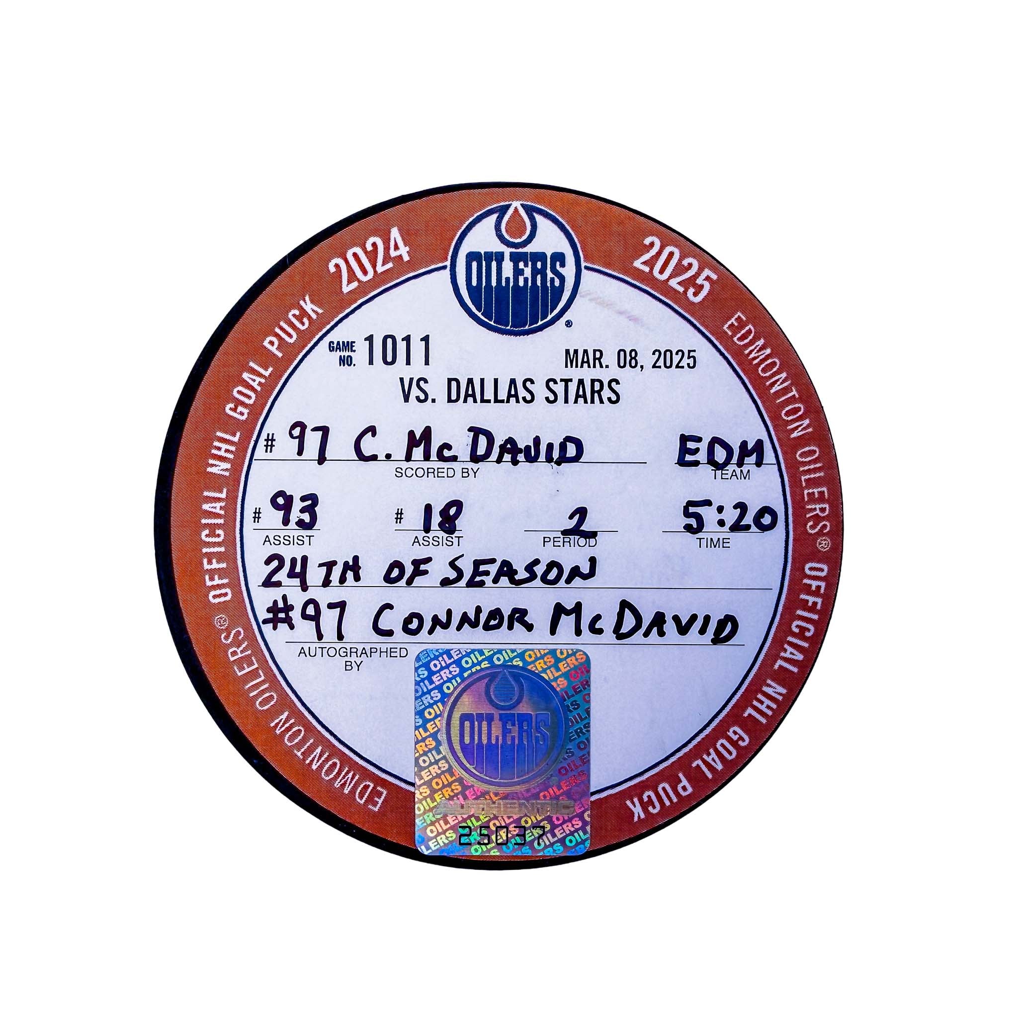 Connor McDavid Edmonton Oilers Goal Puck - Mar. 8/2025 vs Dallas Stars #25037 - Image 2