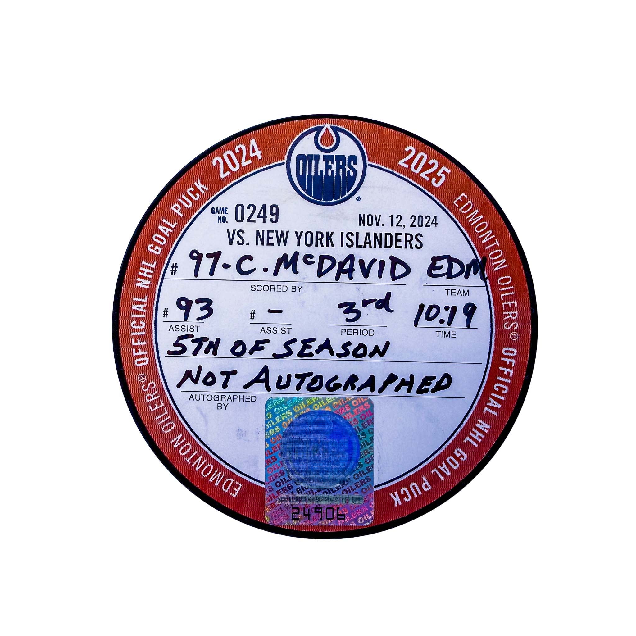 Connor McDavid Edmonton Oilers Goal Puck - Nov. 12/2024 vs New York Islanders #24906 - Image 2