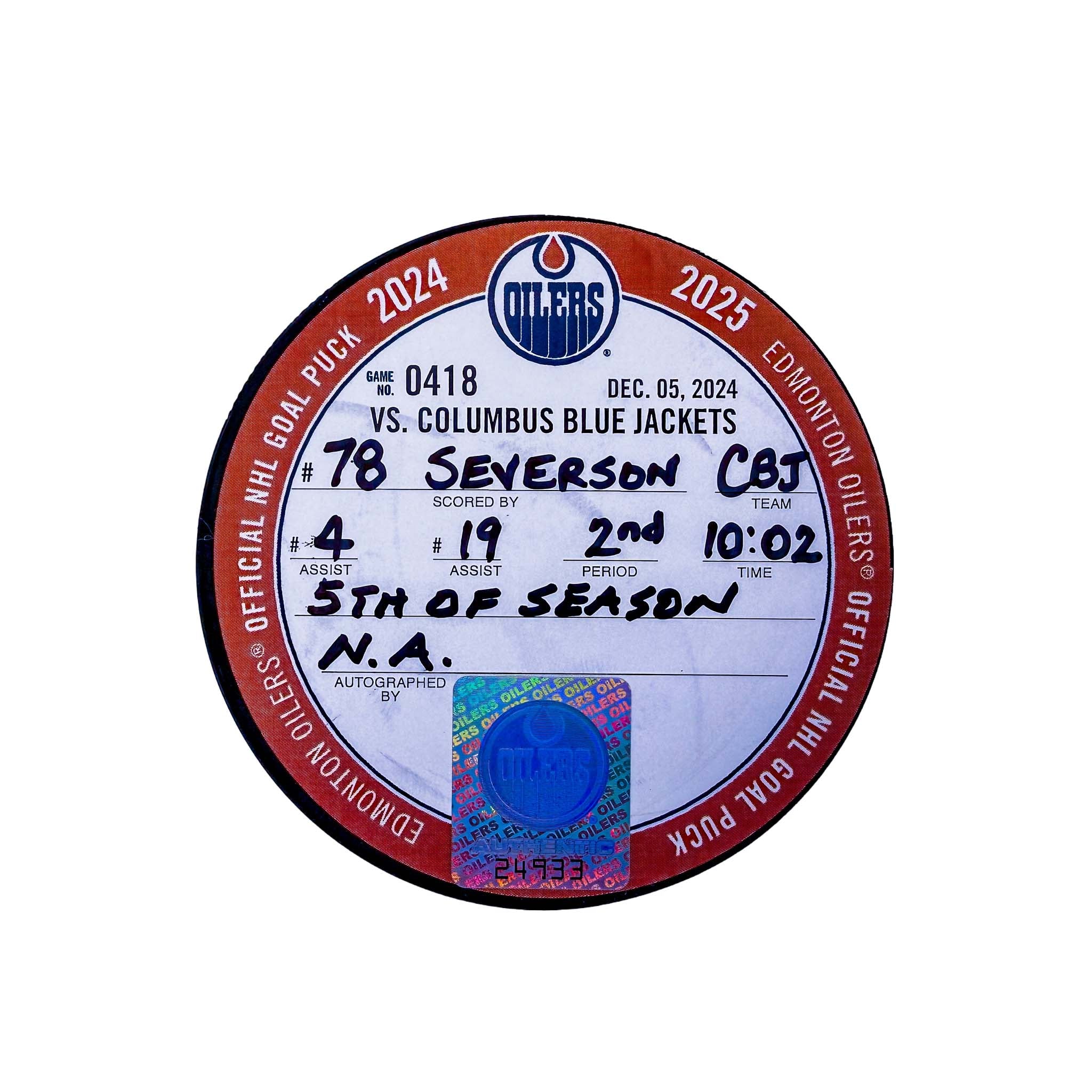 Damon Severson Columbus Blue Jackets Goal Puck - Dec. 5/2024 vs Edmonton Oilers #24933 - Image 2