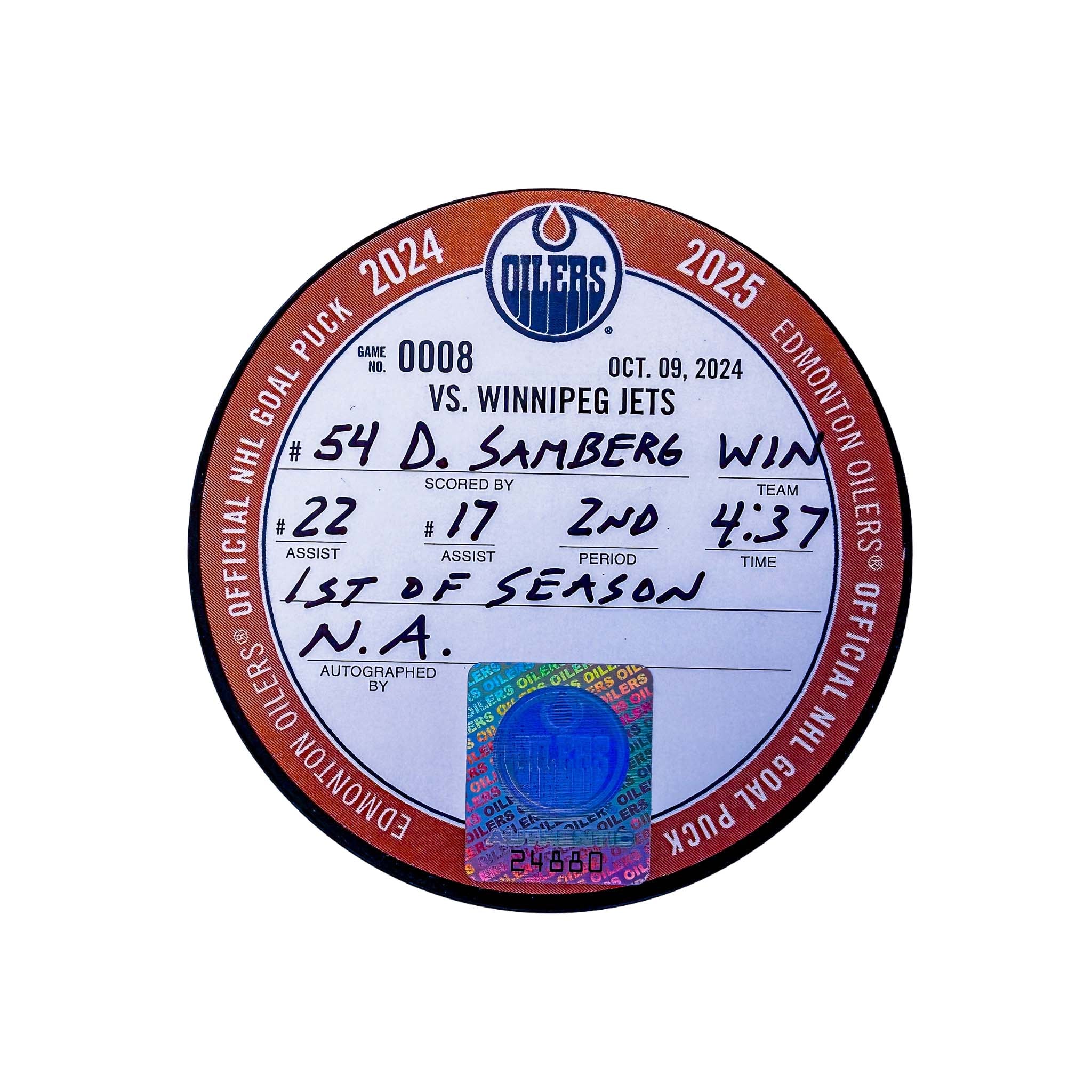 Dylan Samberg Winnipeg Jets Goal Puck - Oct. 9/2024 vs Edmonton Oilers #24880 - Image 2