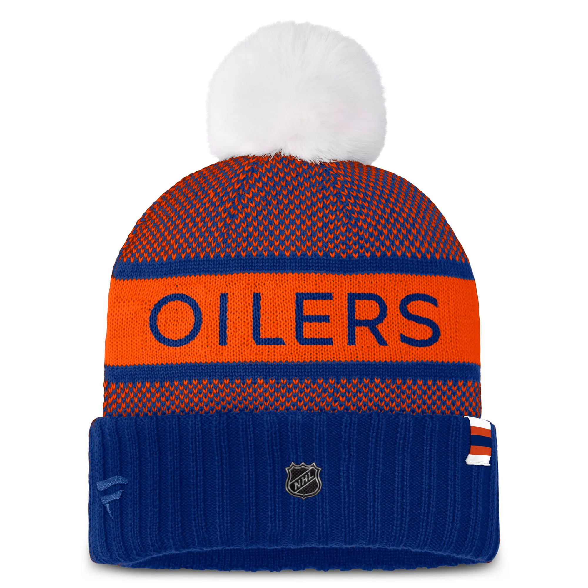 Edmonton Oilers Fanatics Authentic Pro Rink Blue & Orange Faux Fur Cuffed Toque W/ Pom - Image 2