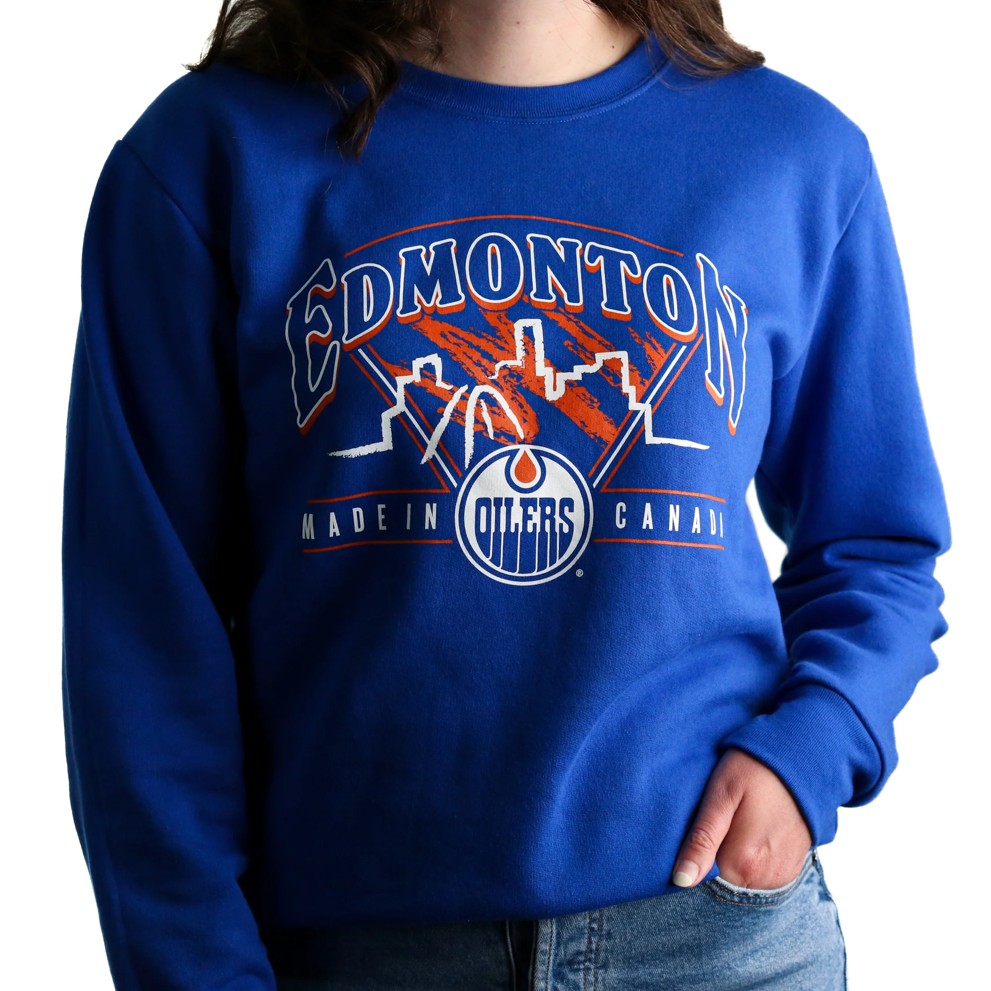 Edmonton Oilers Flannel Foxes Skyline Royal Crewneck Sweatshirt - Image 3