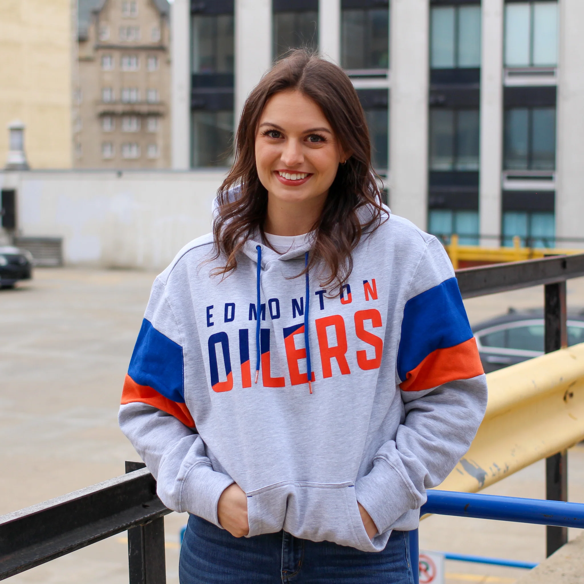 Edmonton Oilers Unisex Grey Color Blocked Hoodie - Image 2