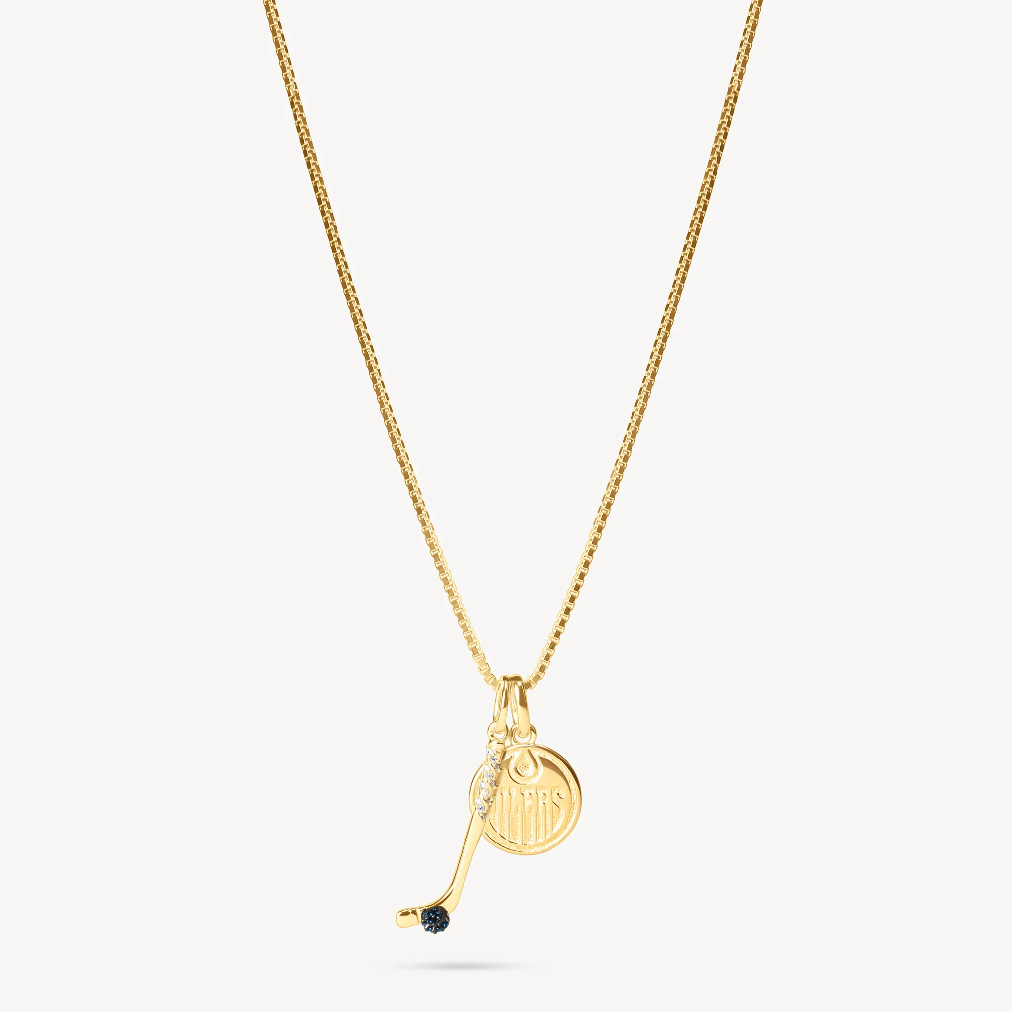 Edmonton Oilers Hillberg & Berk Gold Hockey Stick & Medallion Charm Necklace