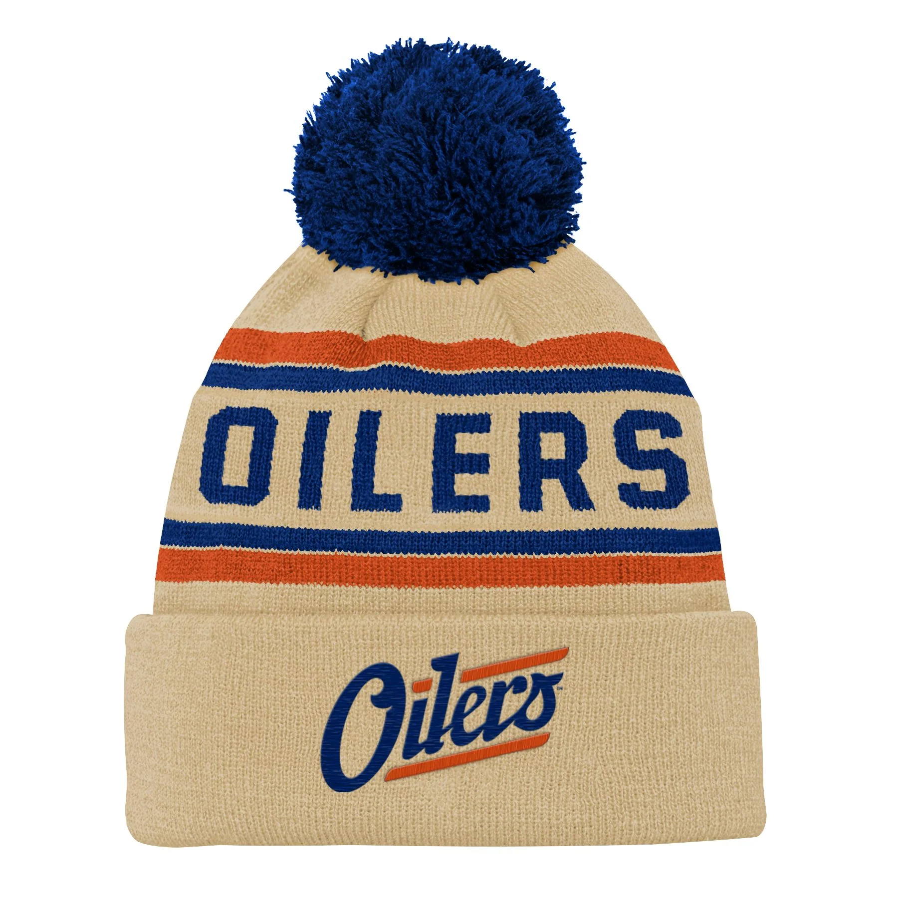 Edmonton Oilers Kids Outerstuff Cream Alternate Logo Jacquard Cuffed Knit Toque W/Pom