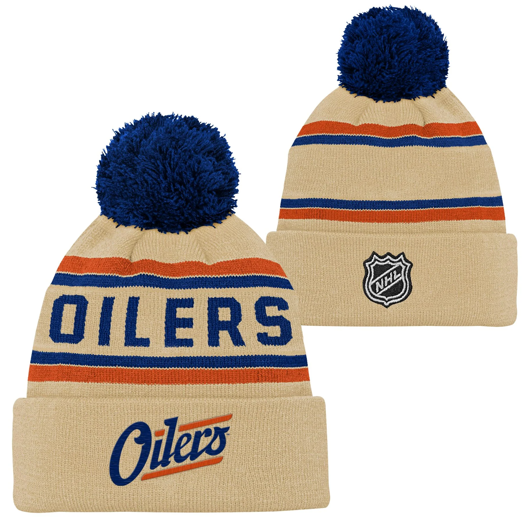 Edmonton Oilers Kids Outerstuff Cream Alternate Logo Jacquard Cuffed Knit Toque W/Pom - Image 3