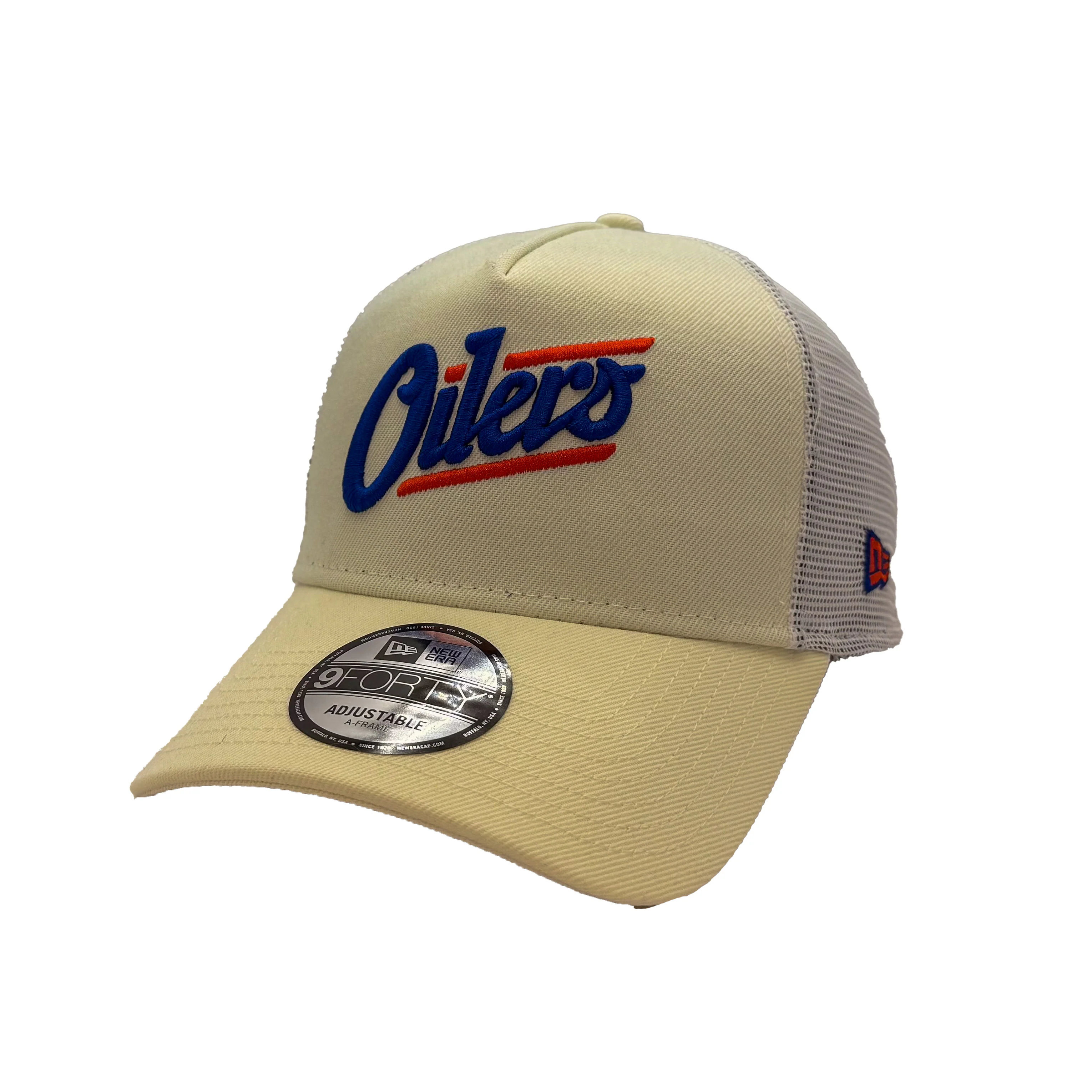 Edmonton Oilers New Era Cream 9FORTY Alternate Logo A-Frame Trucker Snapback Hat