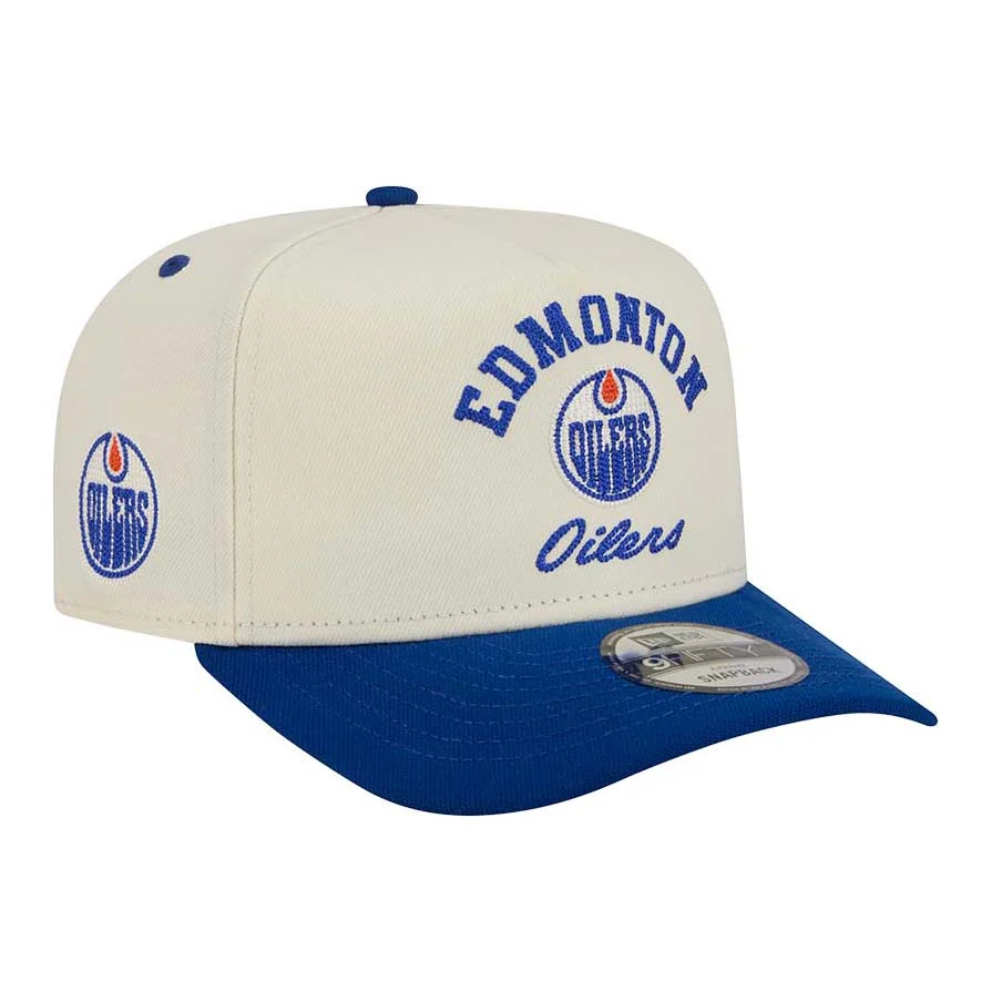 Edmonton Oilers New Era Cream & Blue Embroidery 9FIFTY A-Frame Snapback Hat - Image 3