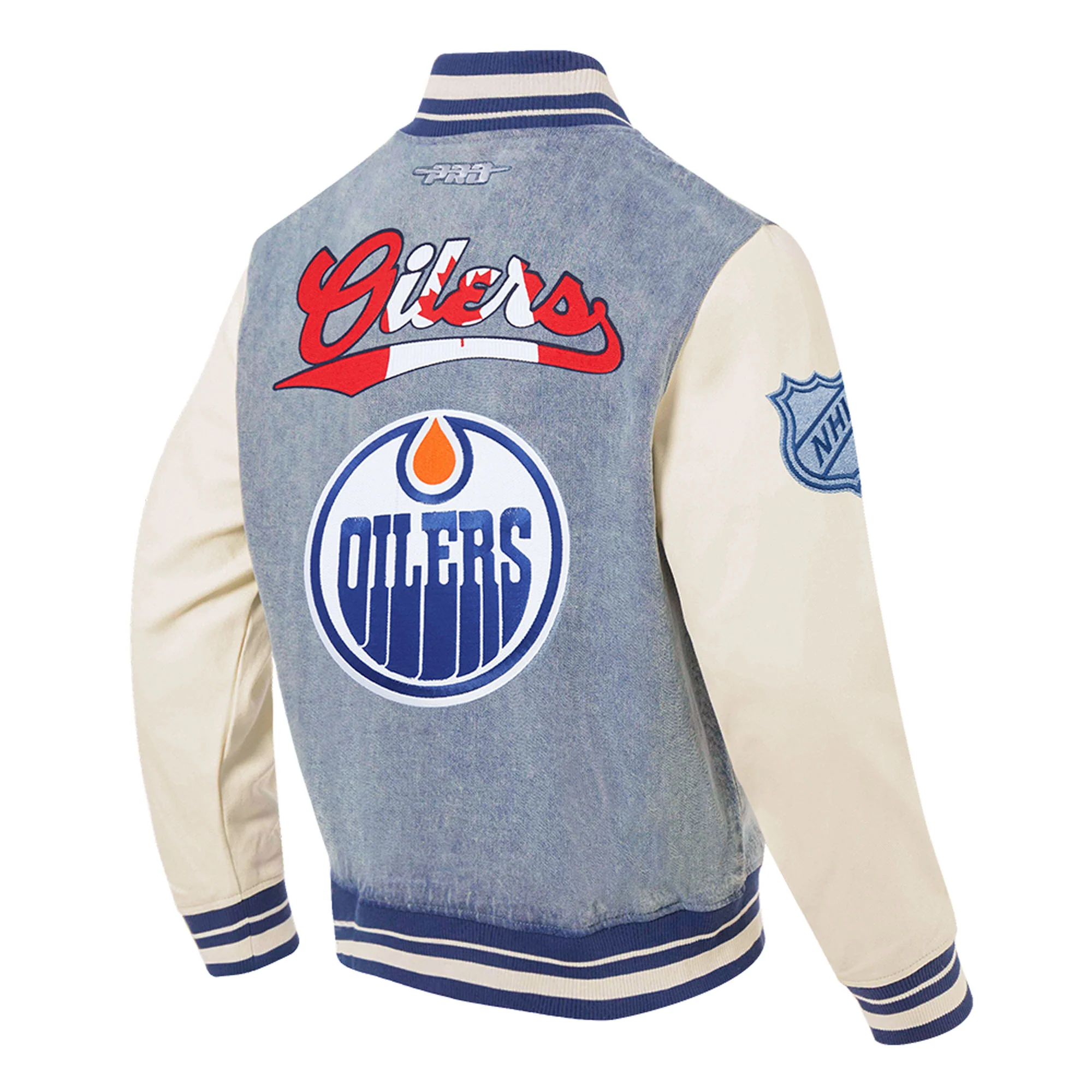 Edmonton Oilers Pro Standard Allegiance Blue & Cream Denim Varsity Jacket - Image 3