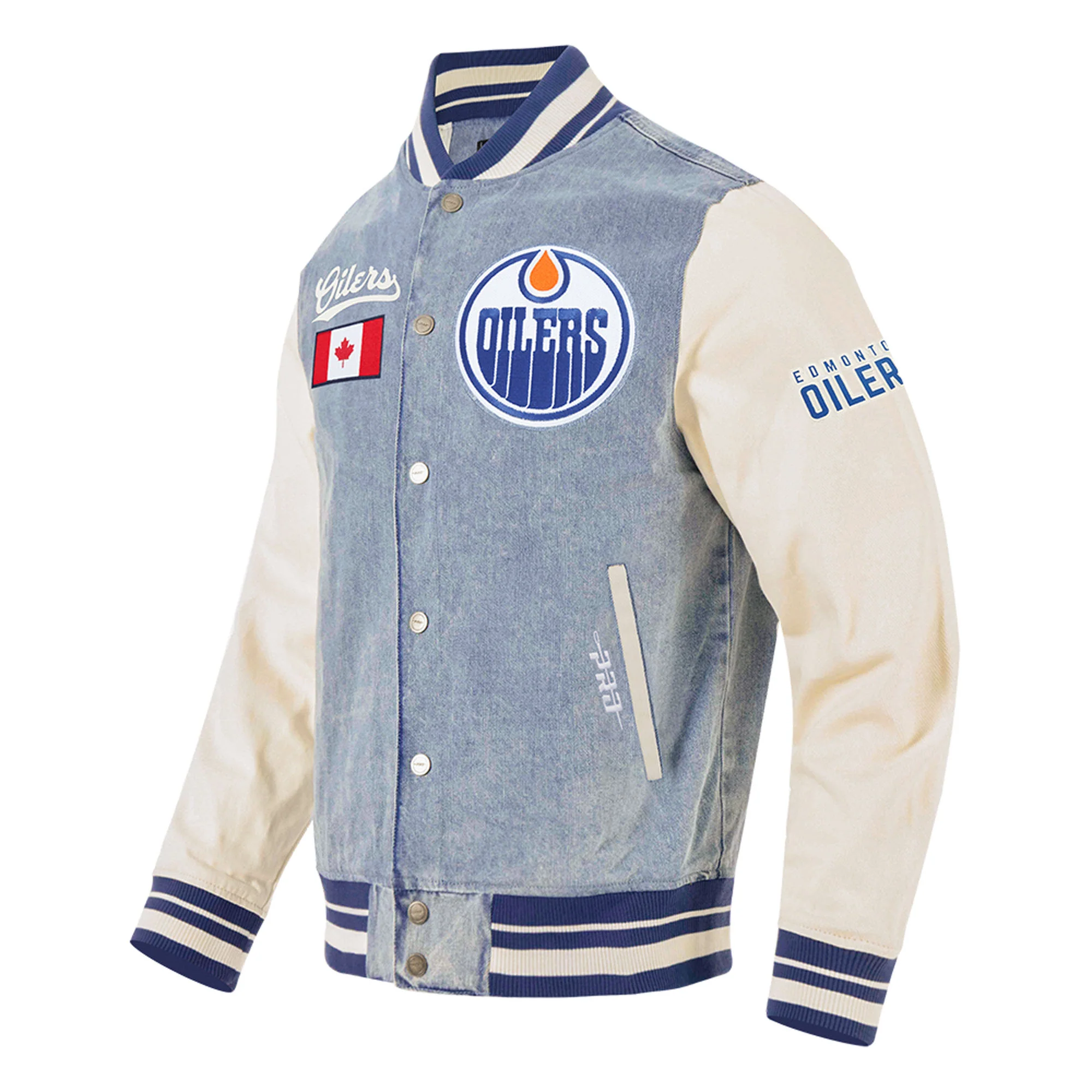 Edmonton Oilers Pro Standard Allegiance Blue & Cream Denim Varsity Jacket - Image 4