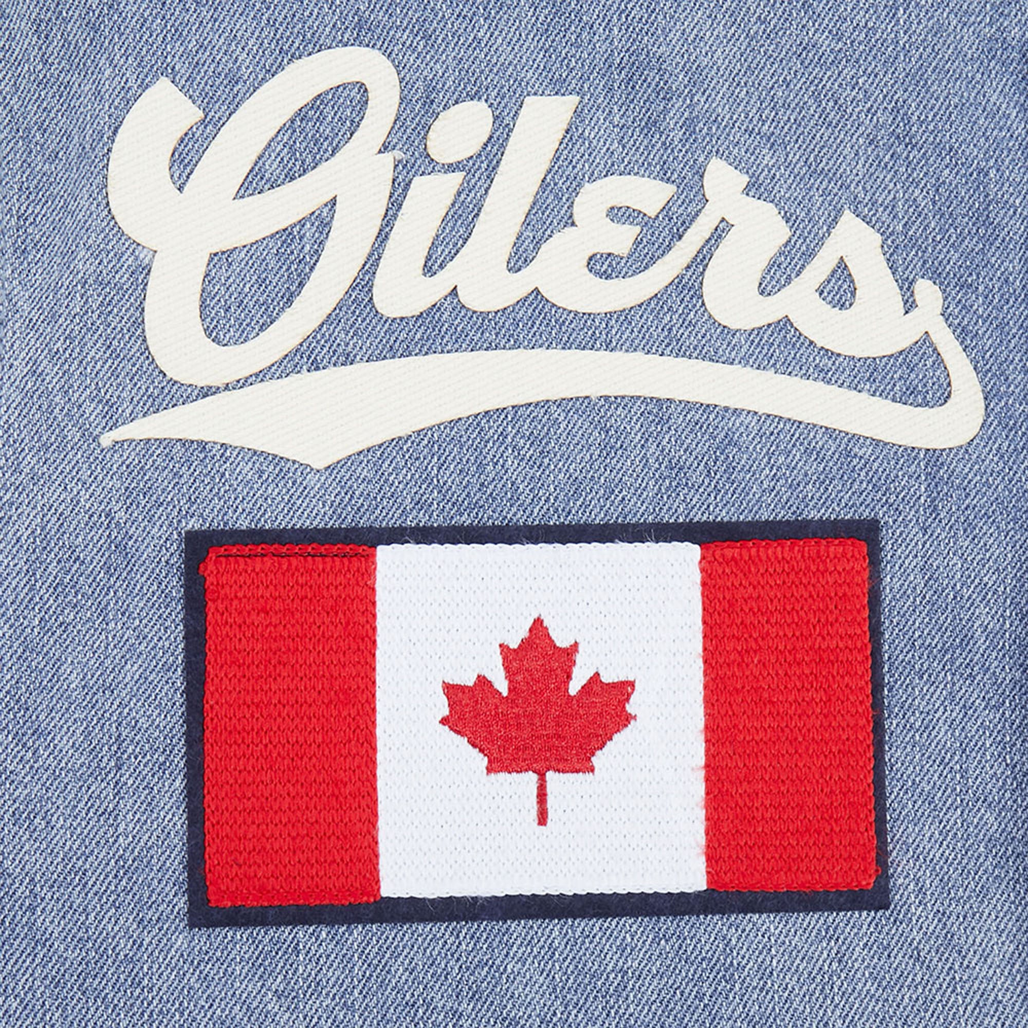 Edmonton Oilers Pro Standard Allegiance Blue & Cream Denim Varsity Jacket - Image 9