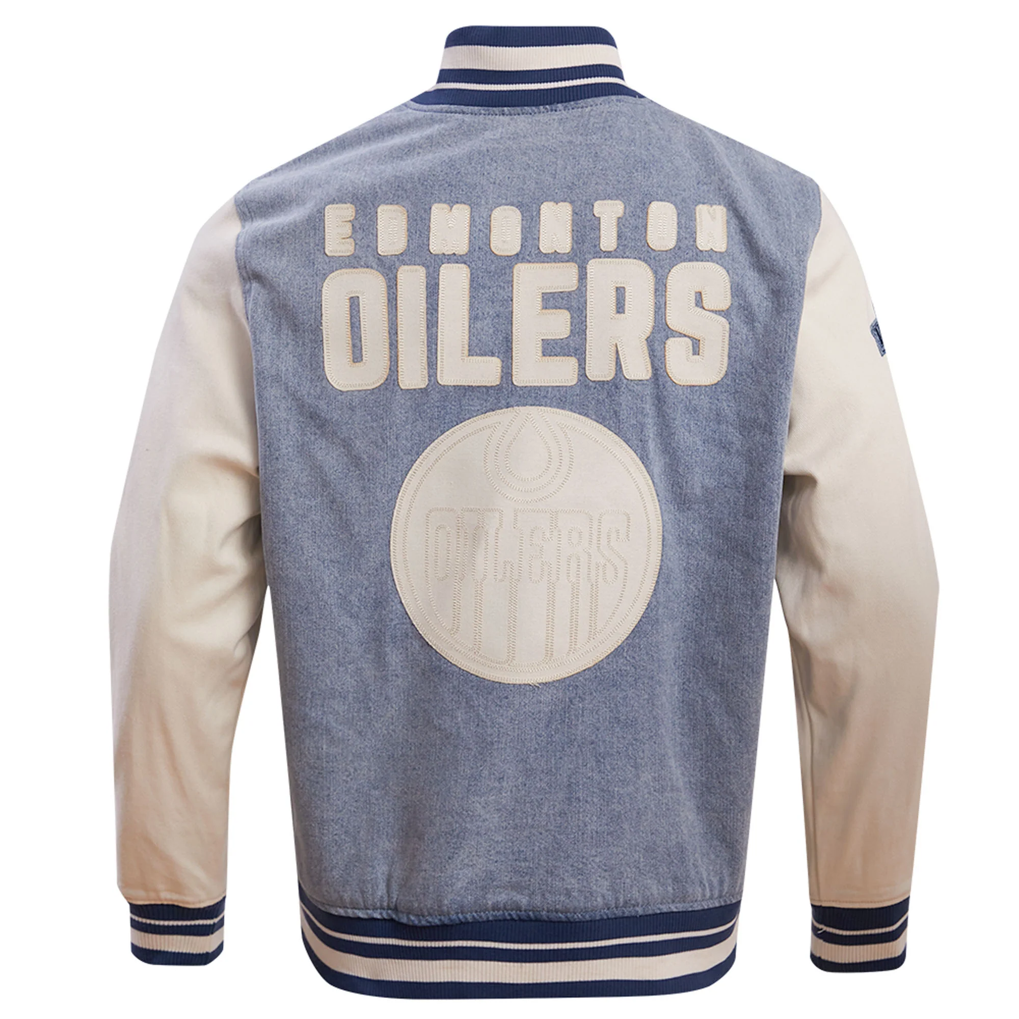 Edmonton Oilers Pro Standard Blue & Cream Varsity Blues Denim Jacket - Image 2