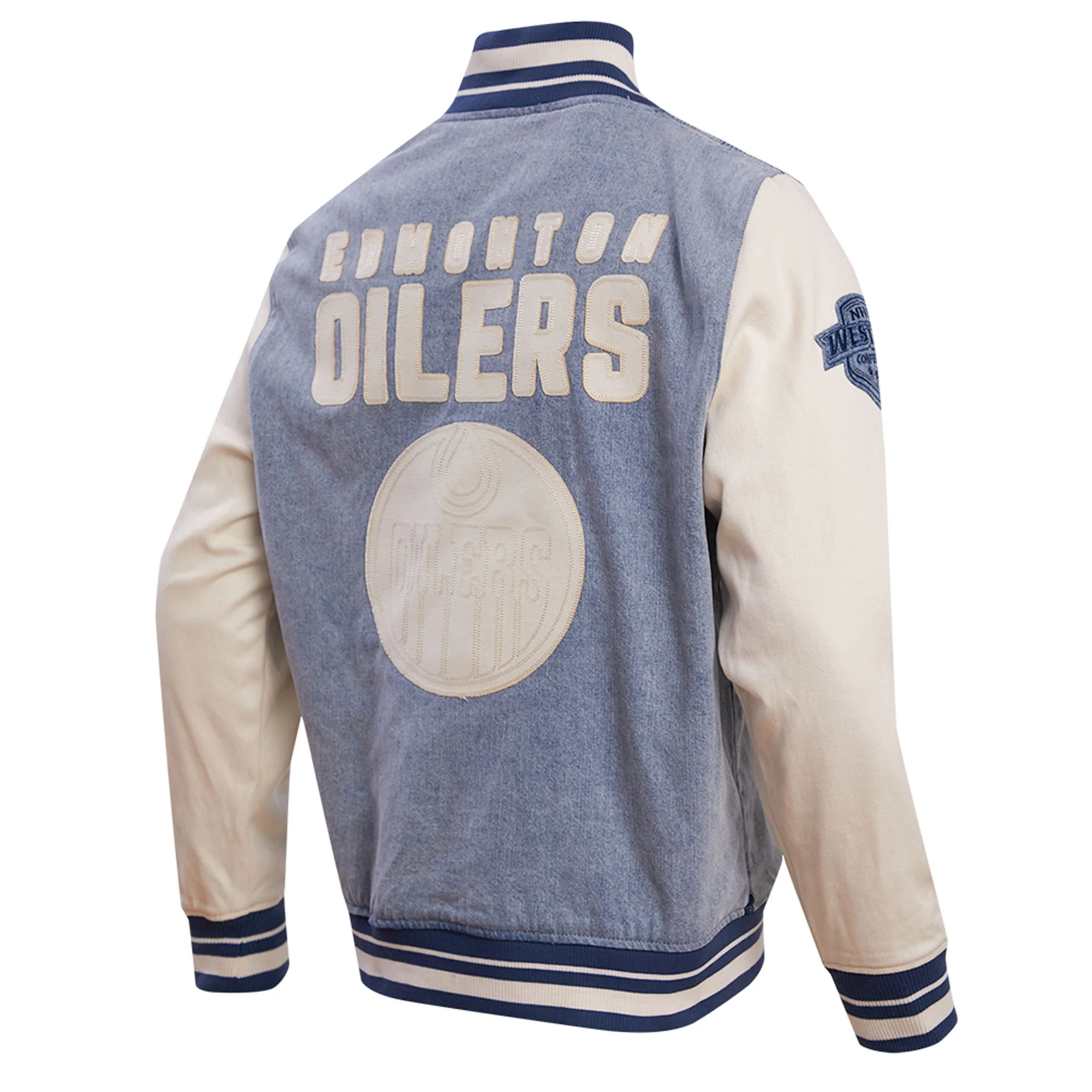 Edmonton Oilers Pro Standard Blue & Cream Varsity Blues Denim Jacket - Image 3
