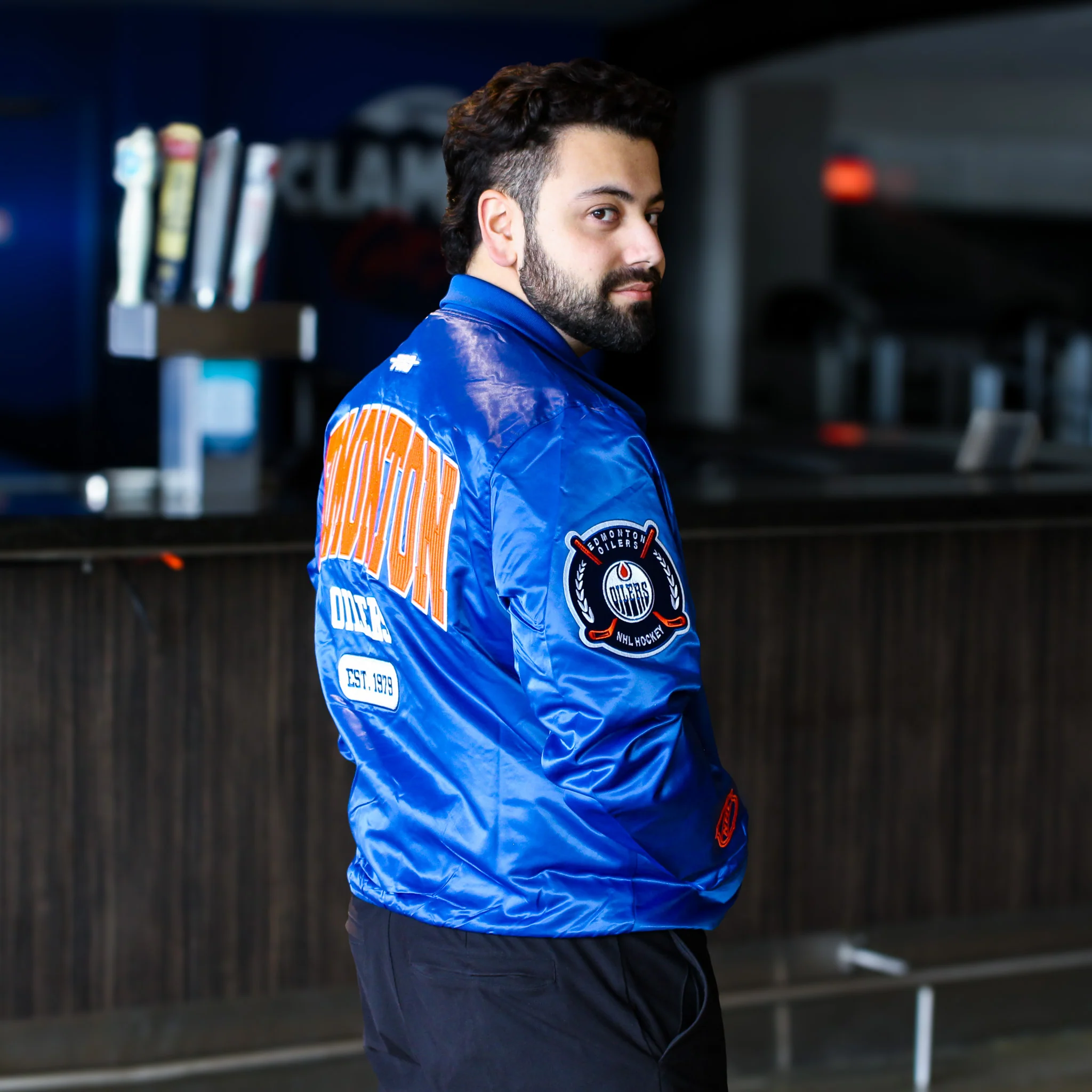 Edmonton Oilers Pro Standard City Arch Blue Satin Jacket - Image 5