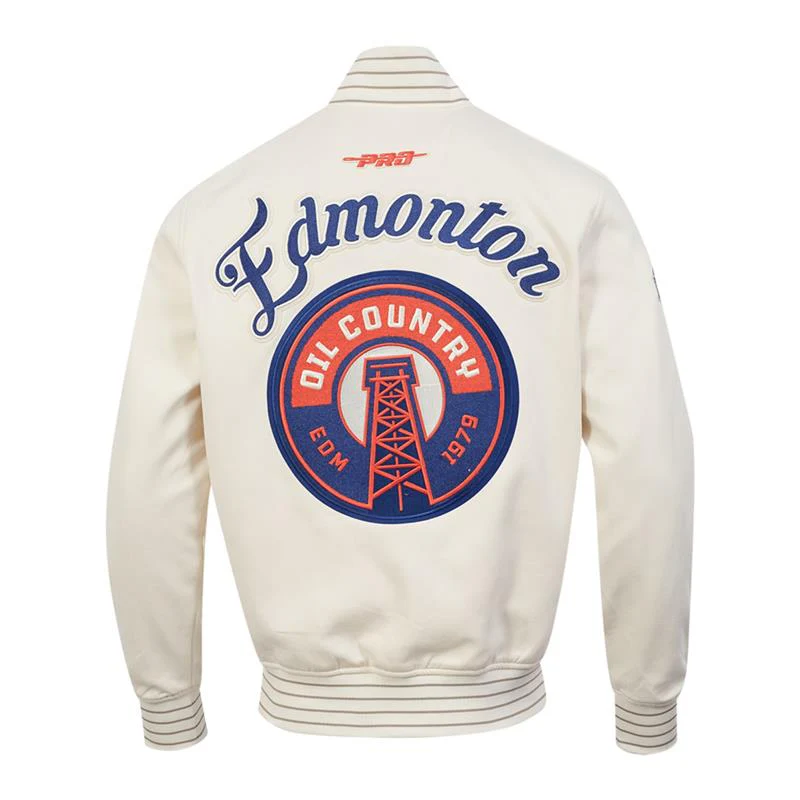 Edmonton Oilers Pro Standard Game Day Alternate Logo Cream Bomber Jacket - Image 6