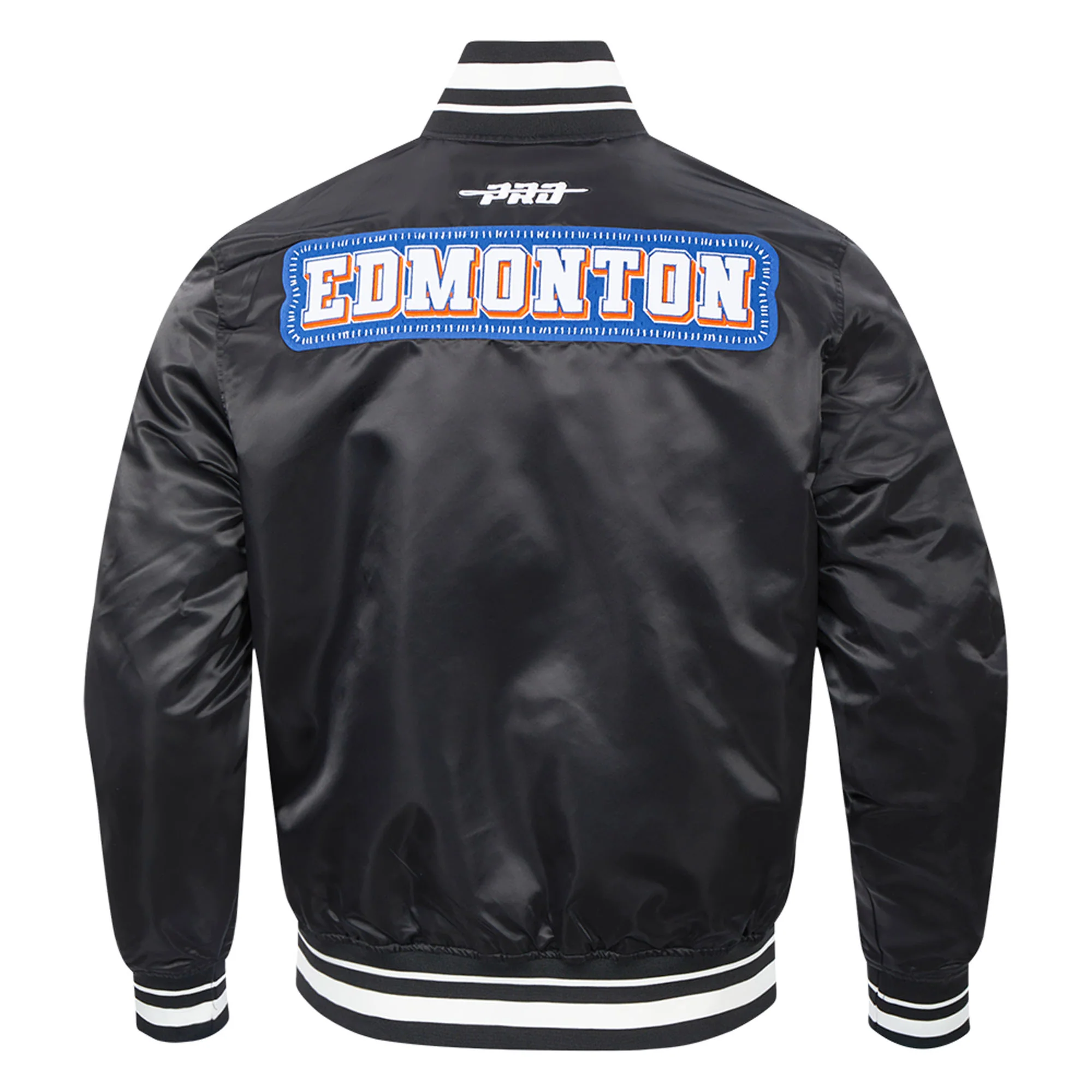 Edmonton Oilers Unisex Pro Standard Pick Stitch Black Satin Varsity Jacket - Image 3