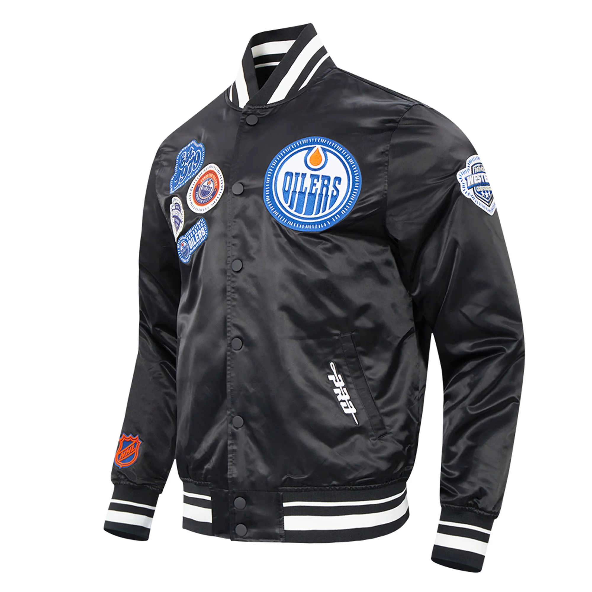 Edmonton Oilers Unisex Pro Standard Pick Stitch Black Satin Varsity Jacket - Image 4