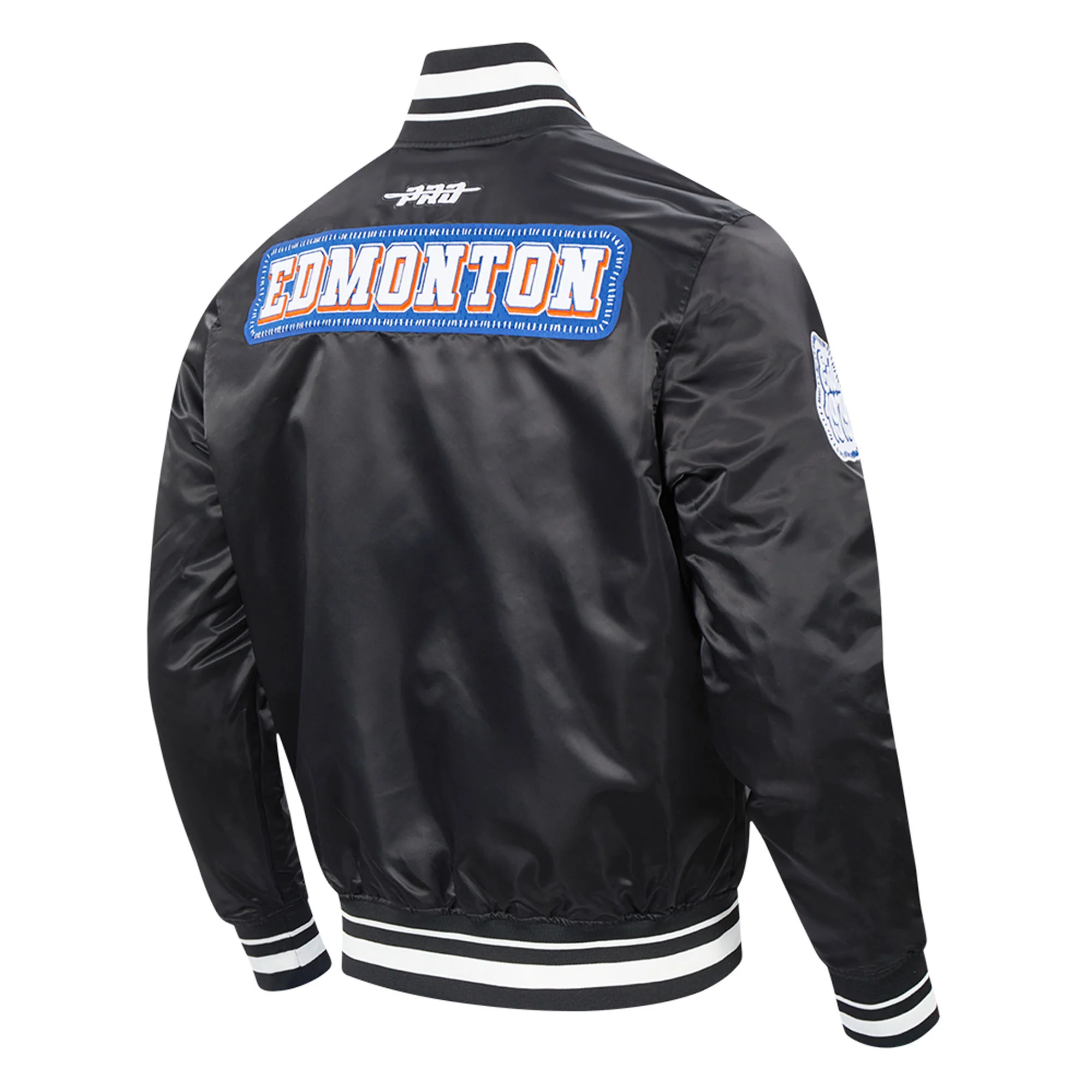 Edmonton Oilers Unisex Pro Standard Pick Stitch Black Satin Varsity Jacket - Image 5