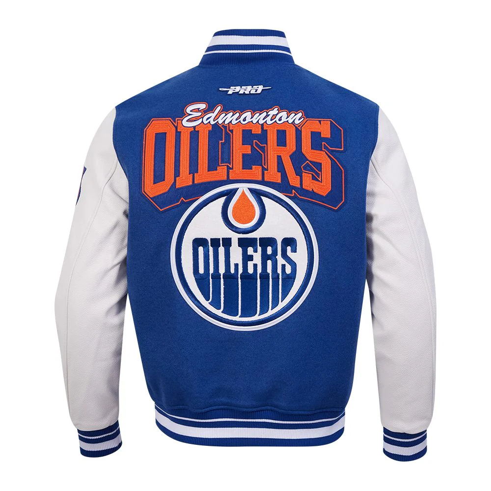 Edmonton Oilers Pro Standard Team Badge Royal Wool Varsity Jacket - Image 2
