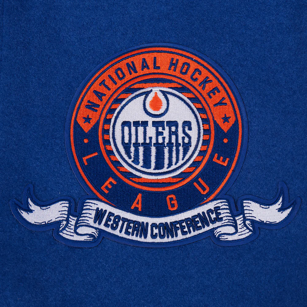 Edmonton Oilers Pro Standard Team Badge Royal Wool Varsity Jacket - Image 5