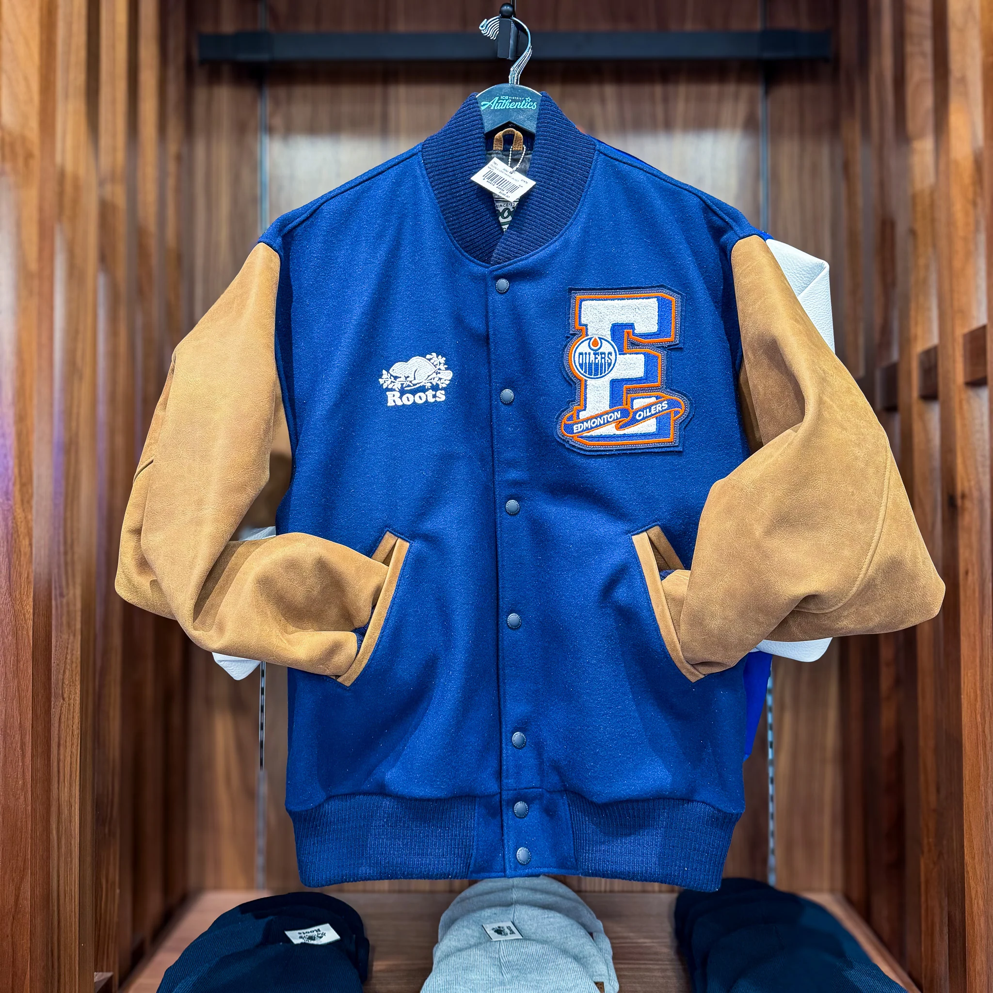 Edmonton Oilers Roots Navy & Brown Award Classic Varsity Jacket - Image 3