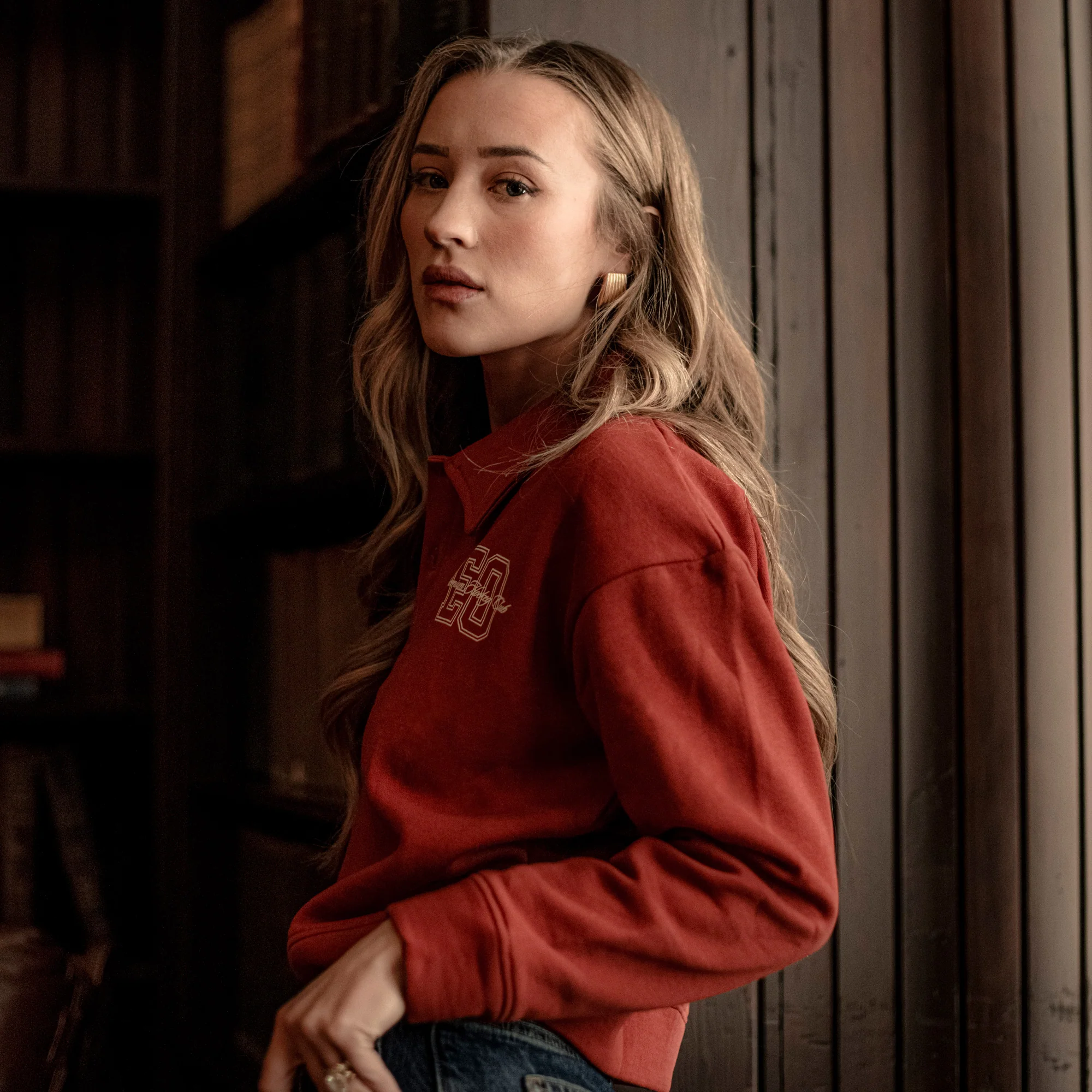 Edmonton Oilers Sports Club Atelier by Lauren McDavid Burnt Orange Prep Collar Button-Up Cropped Polo Sweatshirt - Image 2