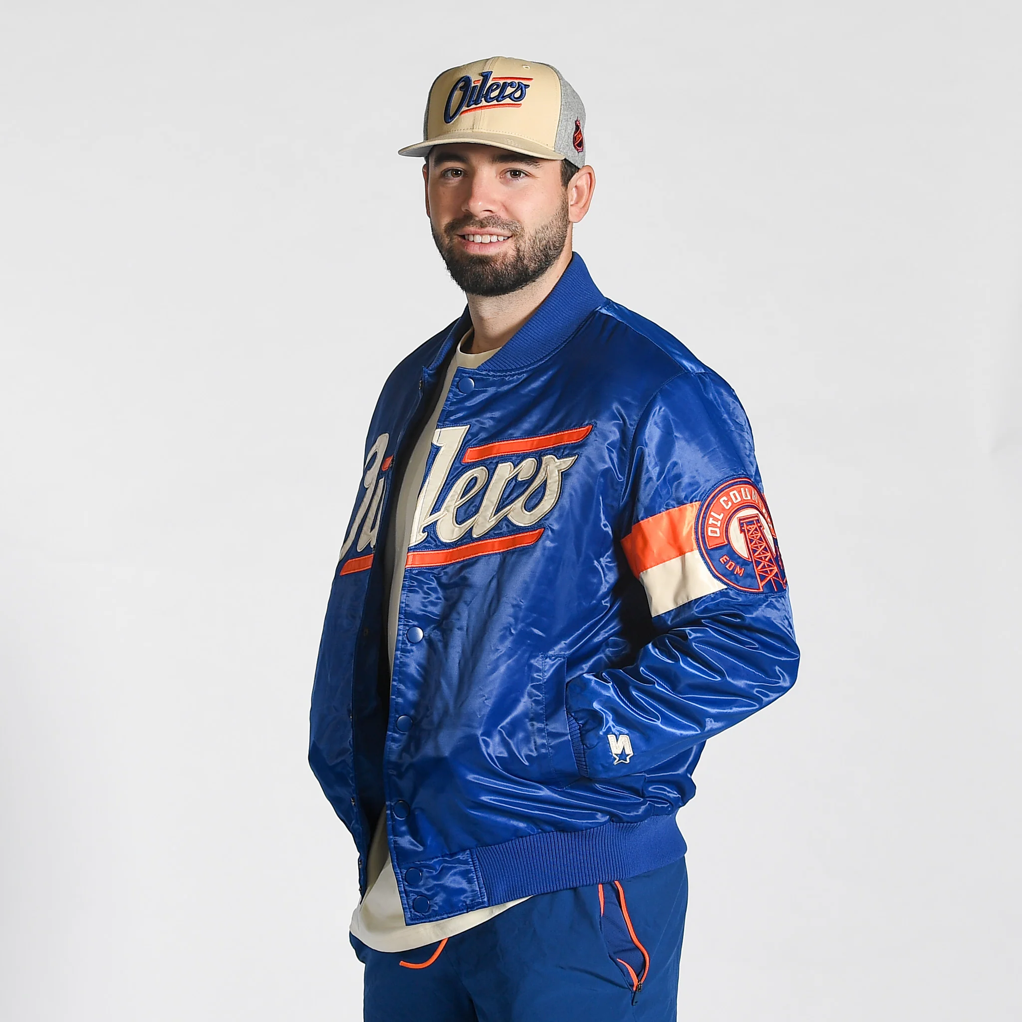 Edmonton Oilers Starter Blue Alternate Logo Triple Option Satin Bomber Jacket - Image 3