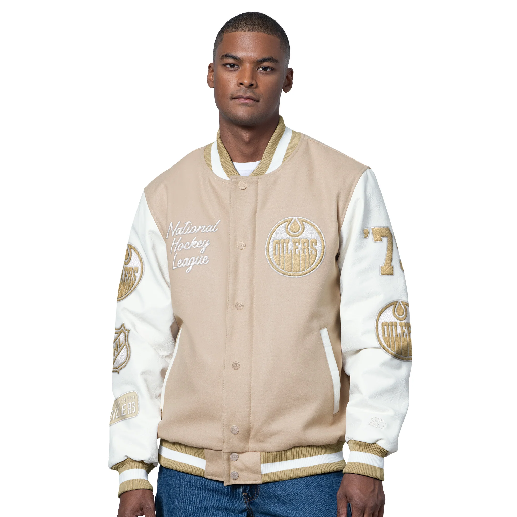 Edmonton Oilers Starter Cream Heavy Hitter Fashion Varsity Full-Zip Jacket