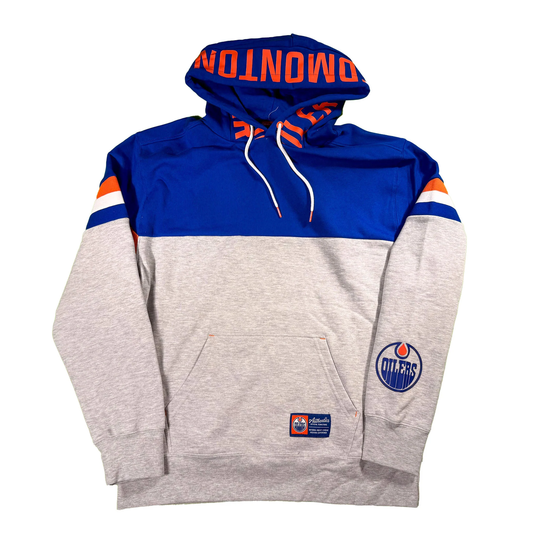 Edmonton Oilers Unisex Authentics Grey & Blue Multi Print Color Blocked Hoodie - Image 3