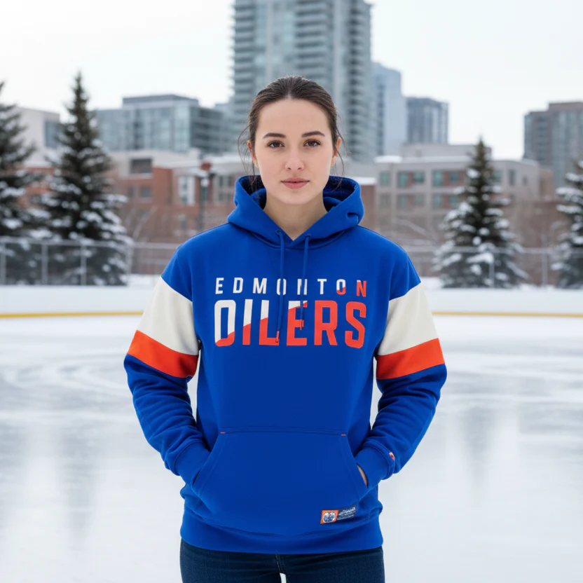Edmonton Oilers Unisex Authentics Royal Blue Color Blocked Hoodie - Image 3