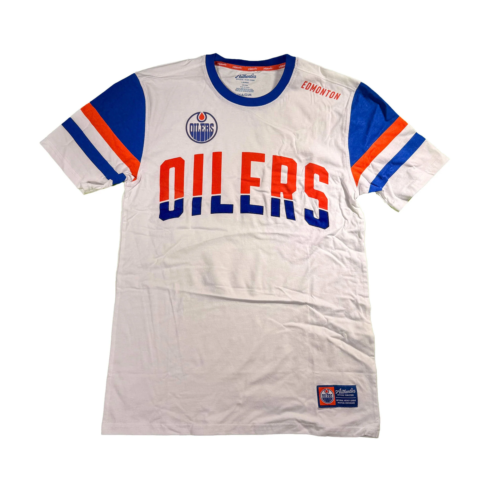 Edmonton Oilers Unisex Authentics White Flocking Color Blocked T-Shirt - Image 2