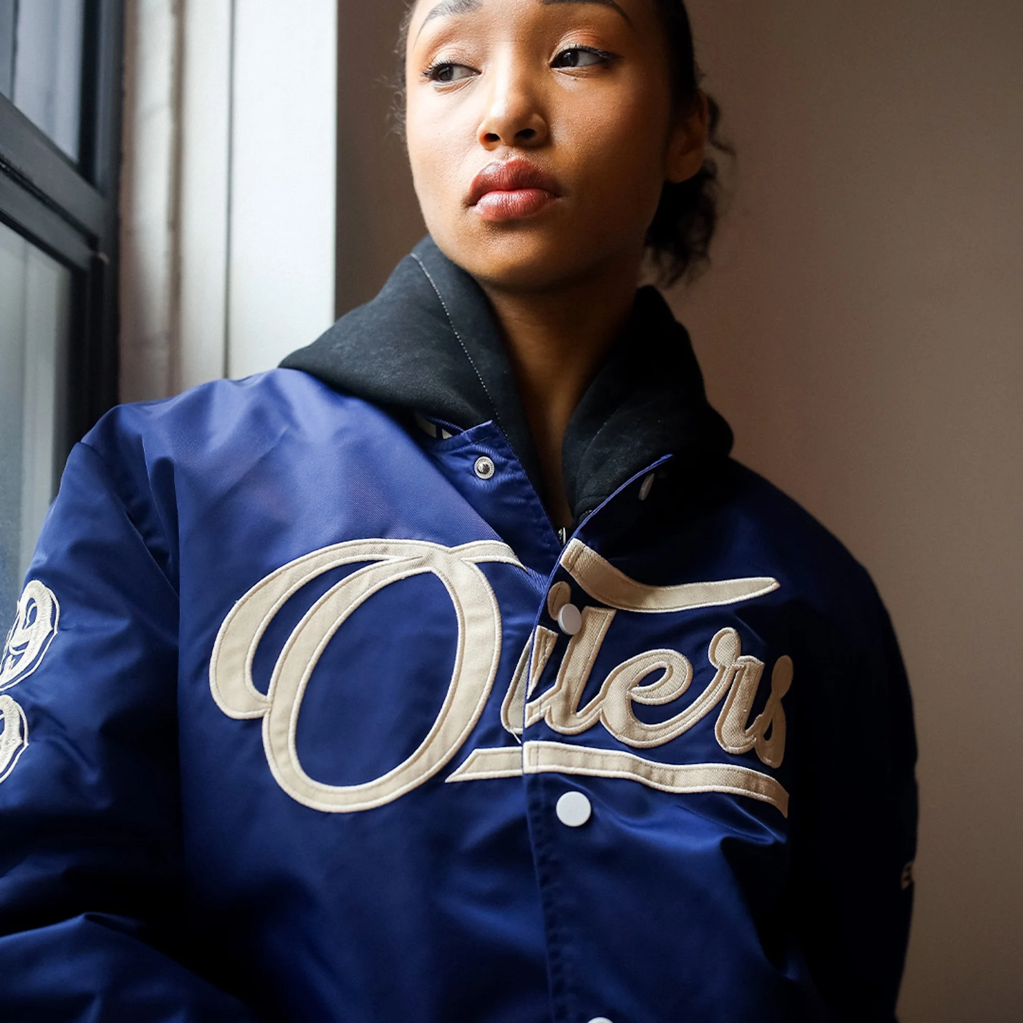 Edmonton Oilers Unisex Peace Collective Blue Vintage Bomber Jacket