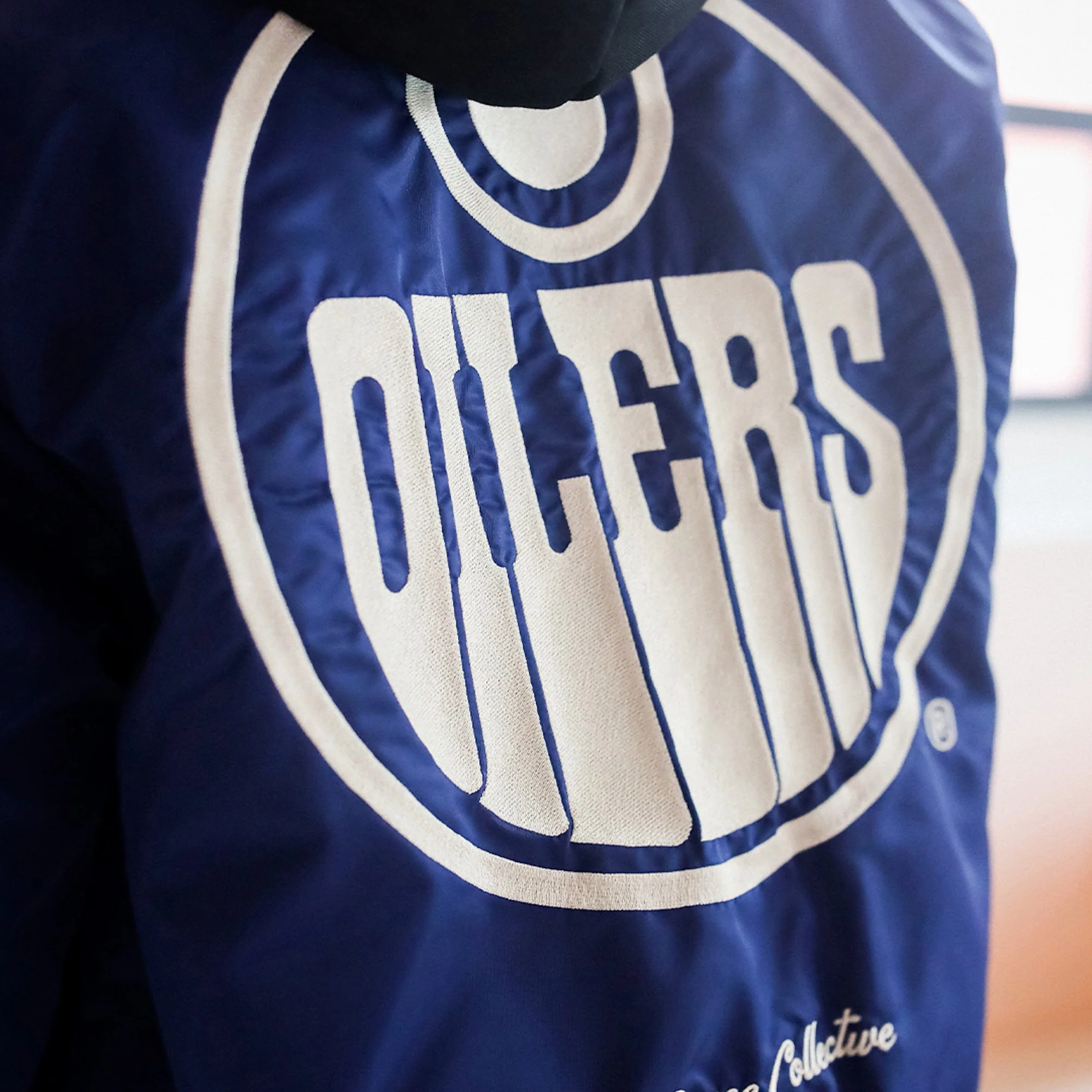 Edmonton Oilers Unisex Peace Collective Blue Vintage Bomber Jacket - Image 2