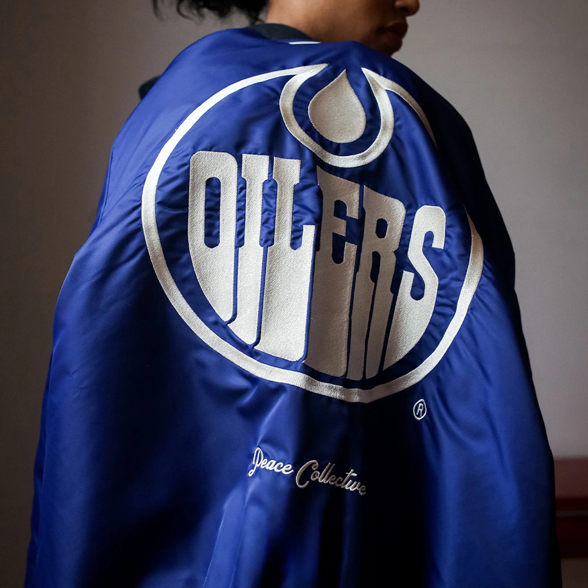 Edmonton Oilers Unisex Peace Collective Blue Vintage Bomber Jacket - Image 3