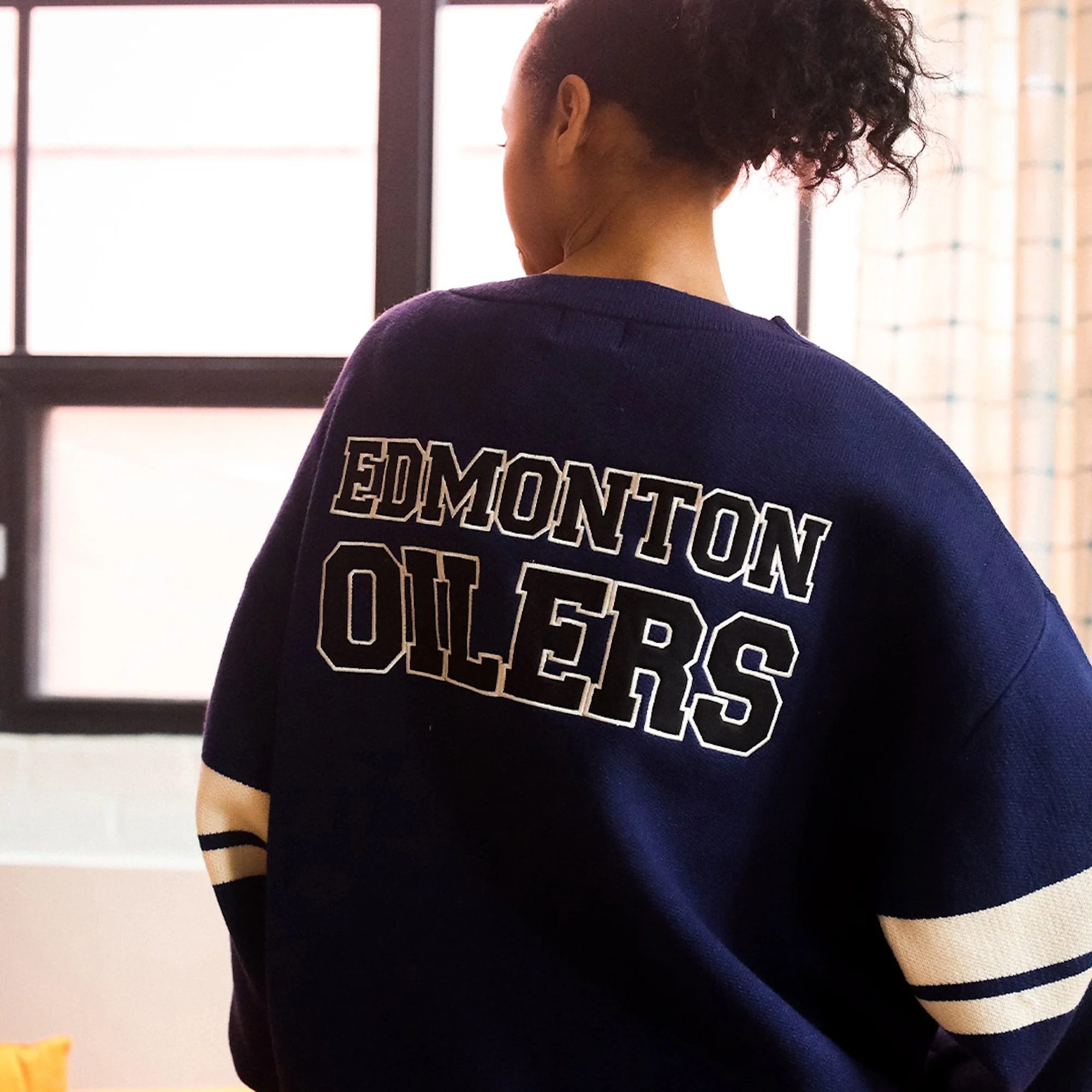 Edmonton Oilers Unisex Peace Collective Navy Collegiate Knit Cardigan Sweater - Image 2